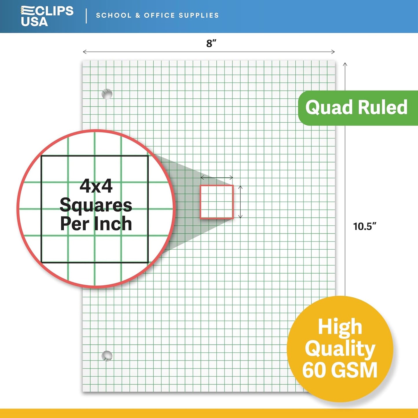 Graph Paper, Loose Leaf Graph Paper, 4 x 4 An Inch Quad Ruled Graph Paper, 10.5” x 8” Graphing Paper, 56 gsm, 150 Per Pack (36 Pack)