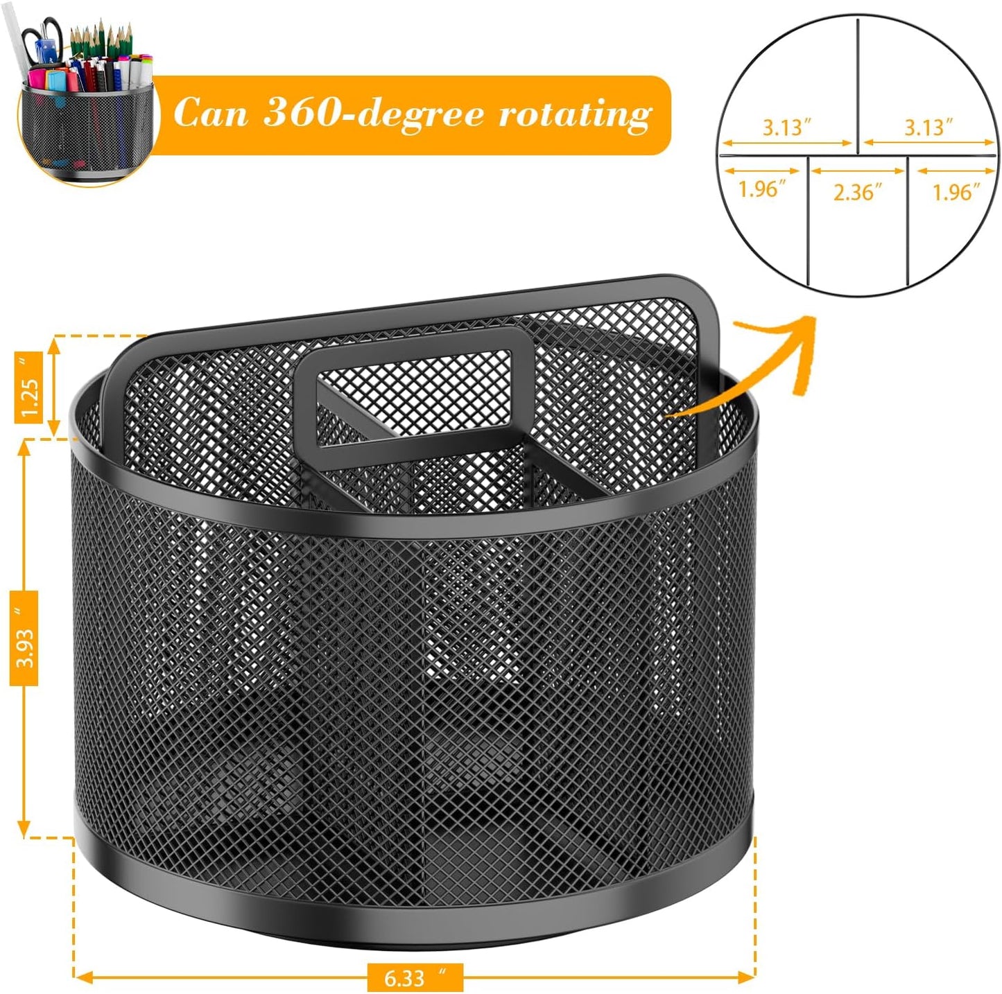 LUCYCAZ 360 Rotating Metal Pencil Pen Holder for Desk, Rotating Pencil Cup with 5 Slots, Dual-Purpose Desk Pen Organizer for Office, School, Home (Round)