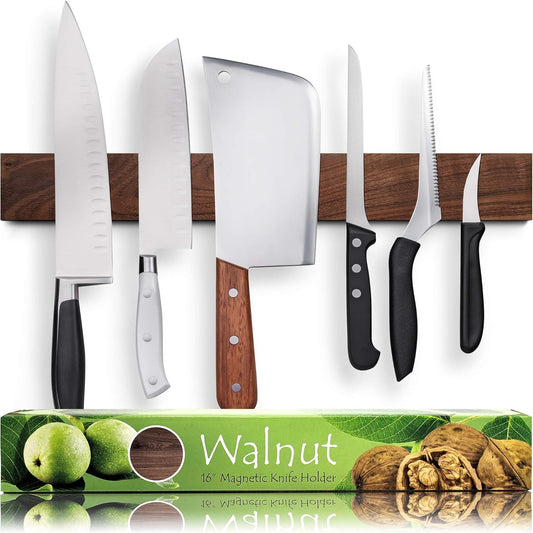 Premium Dark Walnut Wood Magnetic Knife Holder for Wall | 16 Inch | Upgraded Version | Professional Wooden Magnetic Knife Strip - Space-Saving Knife Rack/Knife Bar With Powerful Magnetic Pull Force