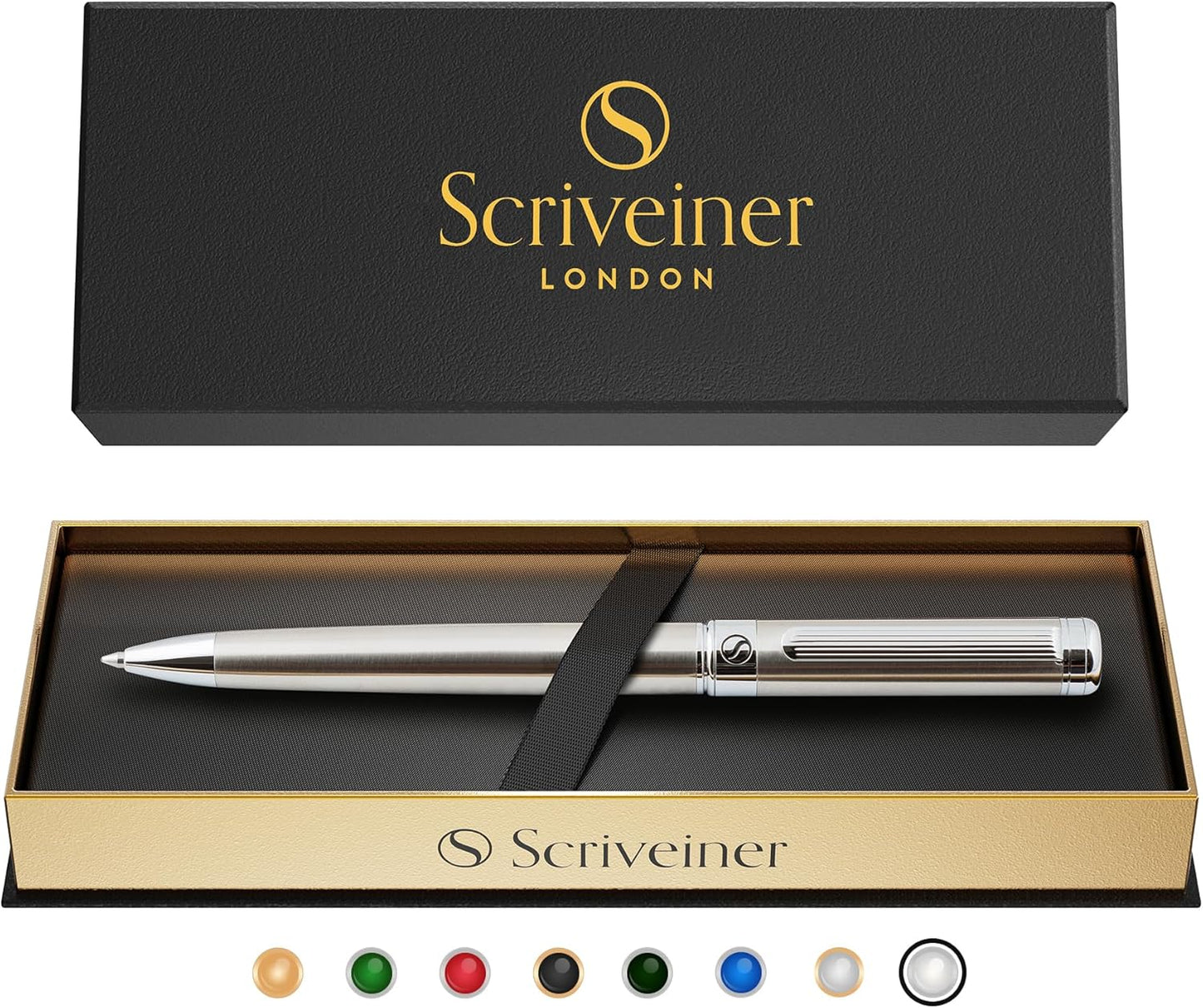 Scriveiner Stainless Steel Ballpoint Pen - Stunning Luxury Pen with Stainless Steel Finish, Schmidt Black Refill, Best Ball Pen Gift Set for Men & Women, Professional, Executive, Office, Nice Pens