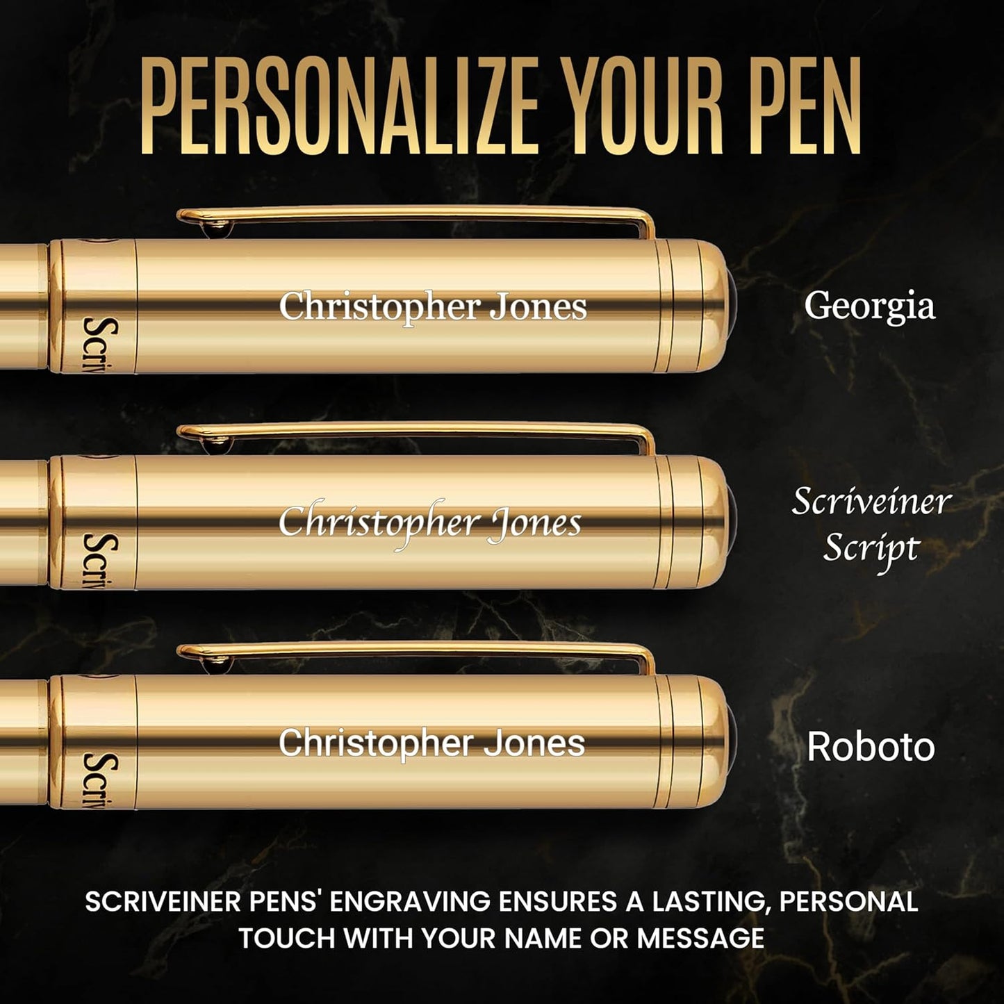 Scriveiner Personalized Gold Ballpoint Pen - Stunning Luxury Pen, Real Gold Plating, Schmidt Ink Refill, Best Engraved Ball Point Gift Set for Men & Women, Custom Name Engraving
