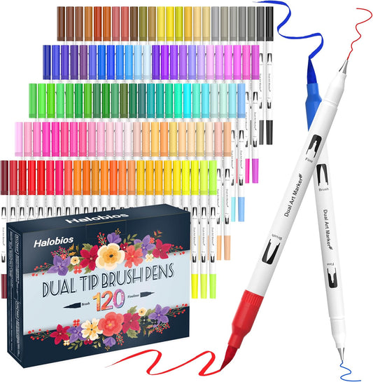 120 Color Dual Tips Brush Pens, Fine and Brush Tip Markers with Swatch Card for Adult Coloring, Art Markers Set for Journaling Calligraphy Drawing Sketching Doodling Illustrating