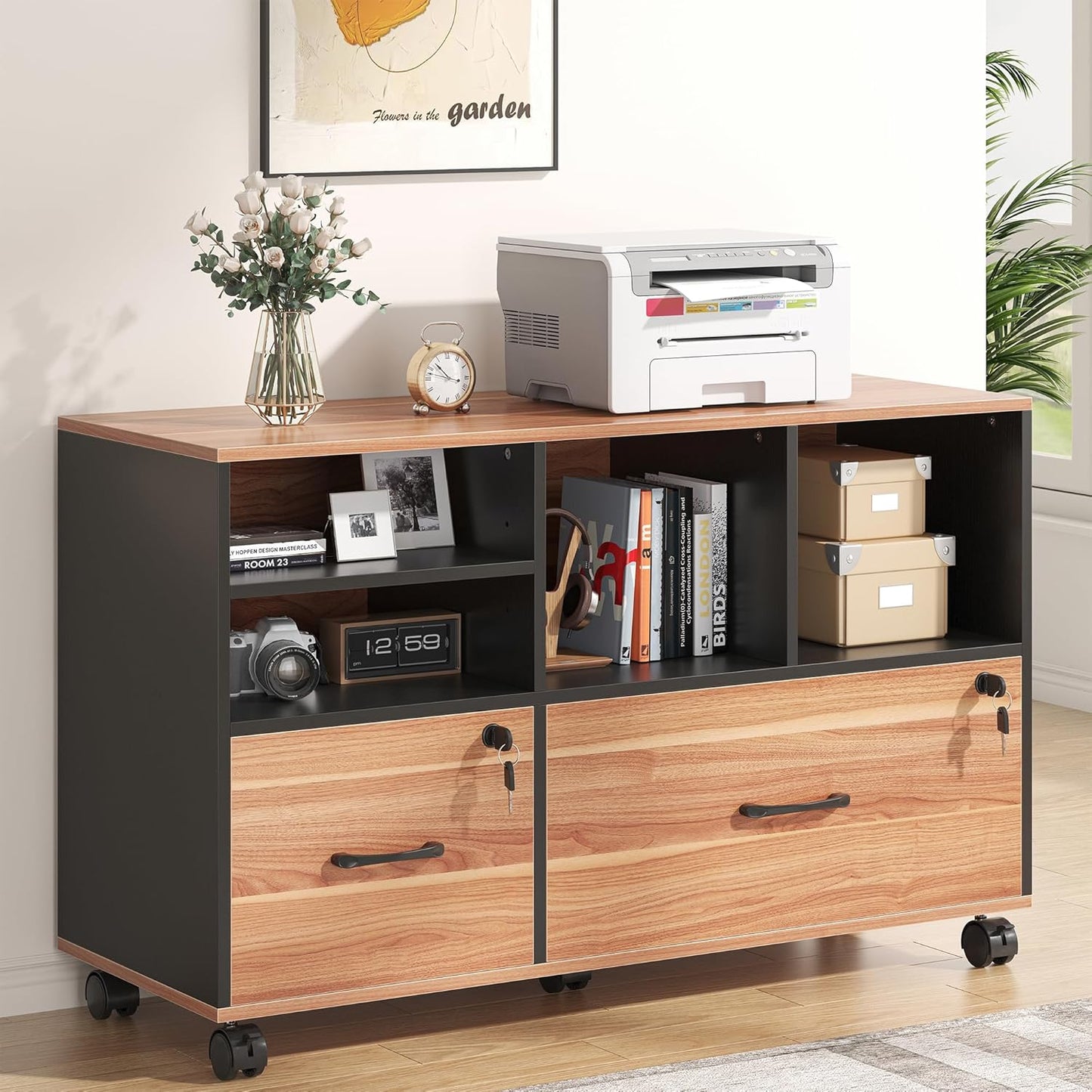 2 Drawer Wood Mobile Large Lateral File Cabinet with Lock, Lockable Rolling Filing Cabinet with Storage Shelves, Printer Stand Office Storage Cabinet for Home Office Fits Files Legal/A4