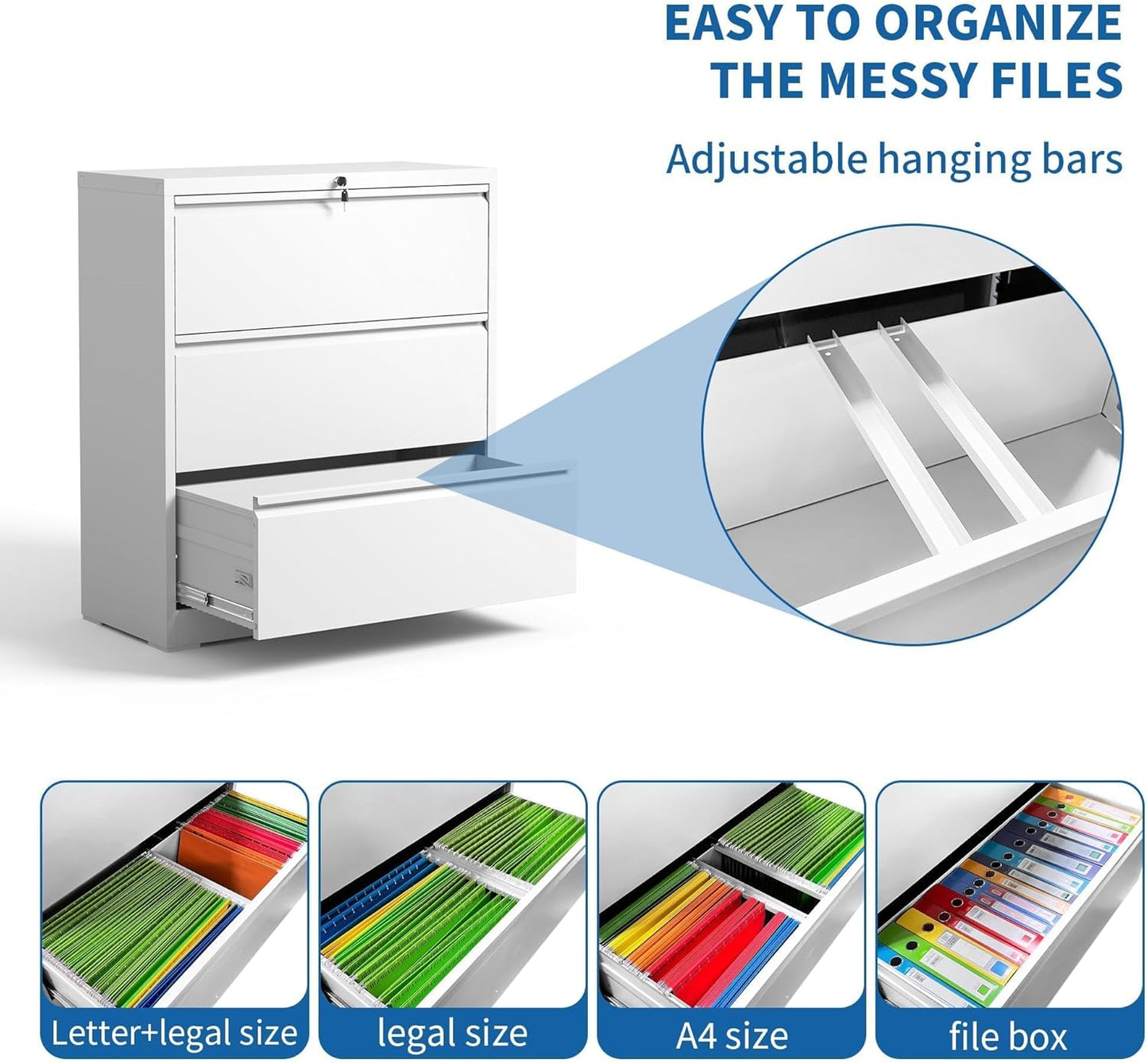 Lateral File Cabinet 3 Drawer, Metal File Cabinets for Home Office Legal/Letter A4 Size, File Cabinet with Lock, Require Assembly, White