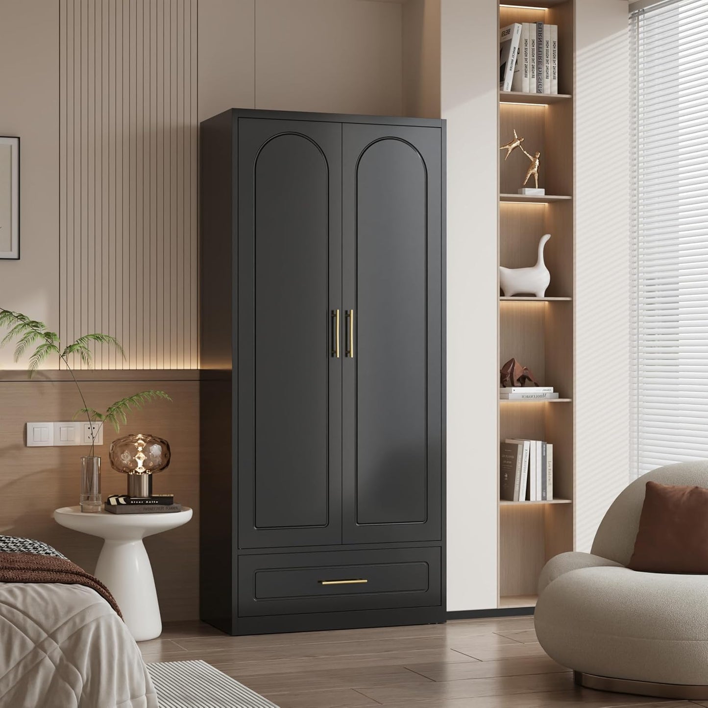 Metal Armoire Wardrobe Closet with Drawer, 71“ Tall Freestanding Wardrobe Cabinet with Doors and Shelves, Large Armoire with Hanging Rod, Clothes Cabinets for Bedroom, Black, Assembly Required