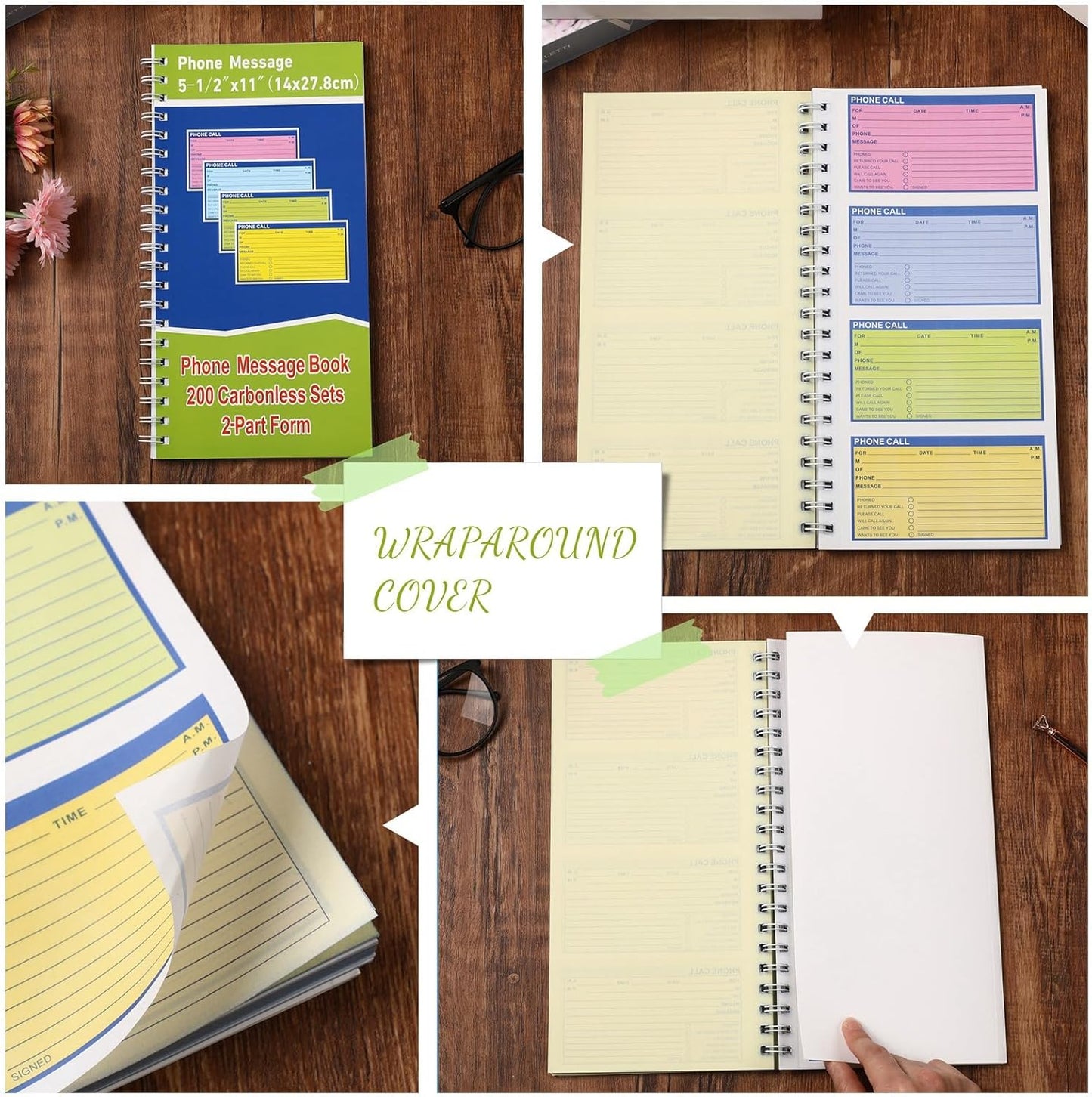 Sinmoe 2 Pcs Spiral Bound Phone Message Book with Carbon Copy 5-1/2" x 11" 2 Part Colorful Carbonless Telephone Message Pads Duplicate Spiral Phone Call Log Book for Business Office