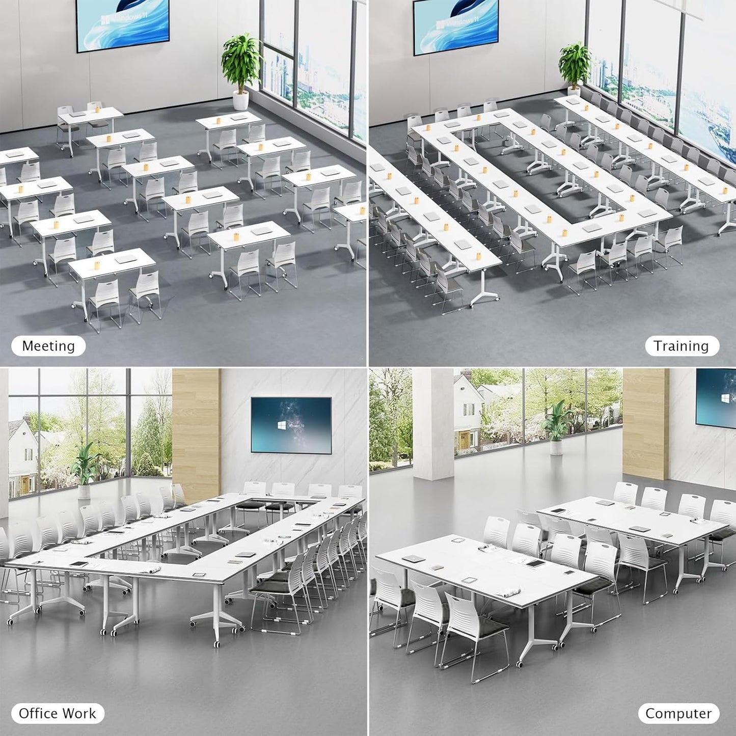 Conference Table Folding Conference Table, Modern Conference Room Table White Meeting Table Flip Top Large Mobile Training Table, Mobile Training Seminar Table for Office Classroom (6pack 70.8in)