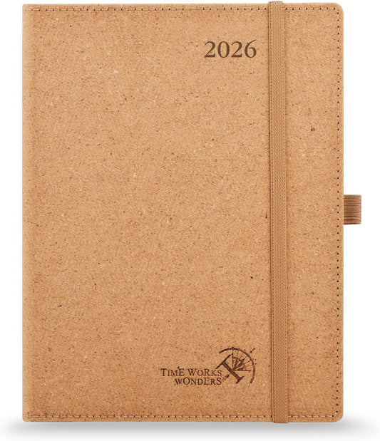 POPRUN 2026 Planner - 2026 Recycled Weekly Planner[6.5''x 8.5''- Italian Regenrated Leather Hard Cover] with Hourly Schedule & Vertical Weekly Layout, Monthly Tabs, Inner Pocket - Desert Brown
