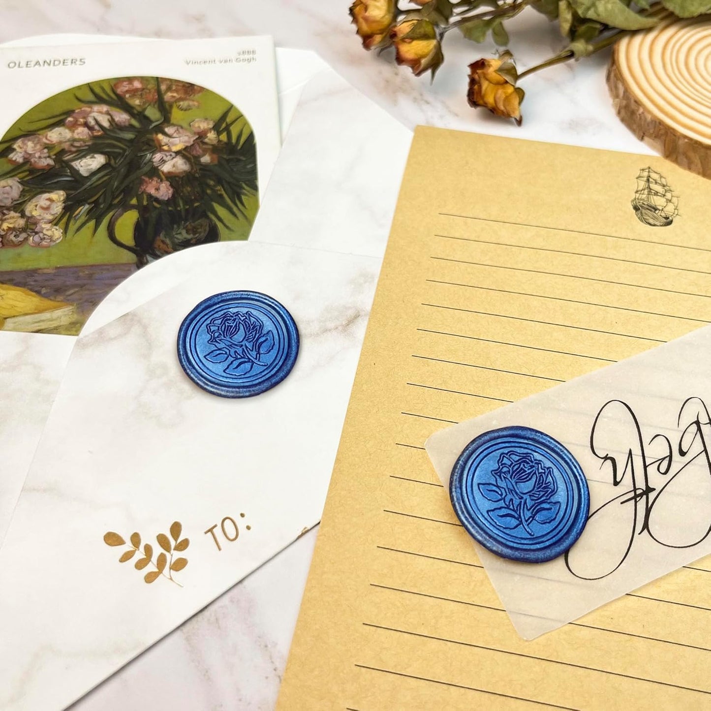 25Pcs Wax Seal Stickers Handmade Envelope Seals Self Adhesive Wax Stickers for Wedding Party Invitations, Envelope, Gift Wrap, Christmas(Rose Style, Blue)