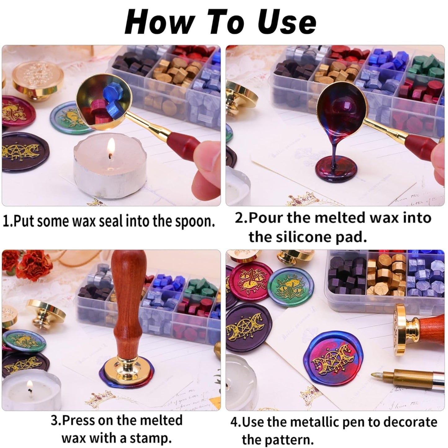 SWANGSA 3D Moon and Ocean Wax Seal Stamp Kit with 200pcs Sealing Wax Beads, Great for Embellishment of Invitations, Wine Packages, Gift Ideas