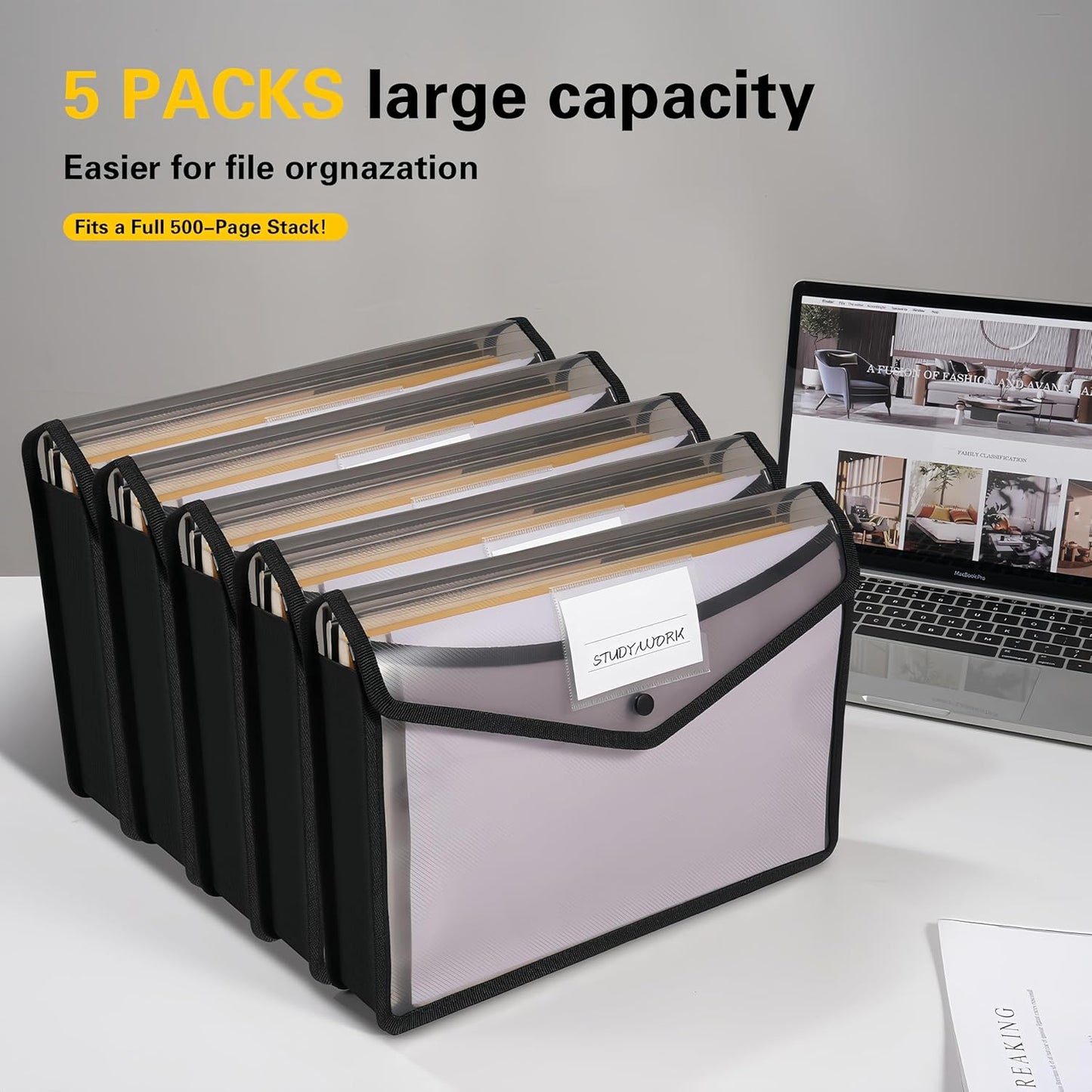 Go&Fan 5 Packs Expanding File Folder,no dividers, Plastic envelopes with snap Closure,Paper Organizer Folder with Lable Pocket (Black)