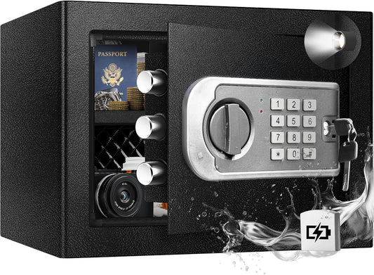 Small Safe Box for Home - 1.0 CuFt Mountable Cabinet with Motion Light & Dual Alarm, Digital Keypad & Override Key, Removable Shelf - Compact Black Safe for Cash, Jewelry, and Documents