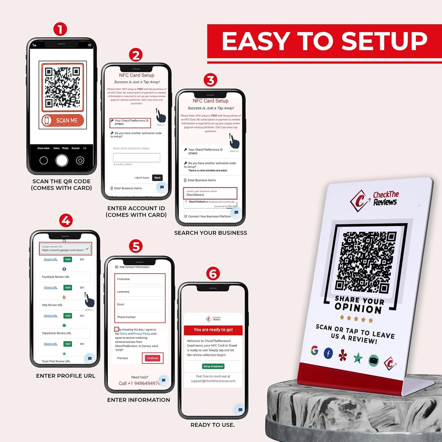 CheckTheReviews NFC Review Stand - Instant Digital Feedback Collection with Customer Friendly Scan Setup - All Phones & QR Compatible - Tap to Review for Business, Hotels, Shops, Cafes & Restaurants
