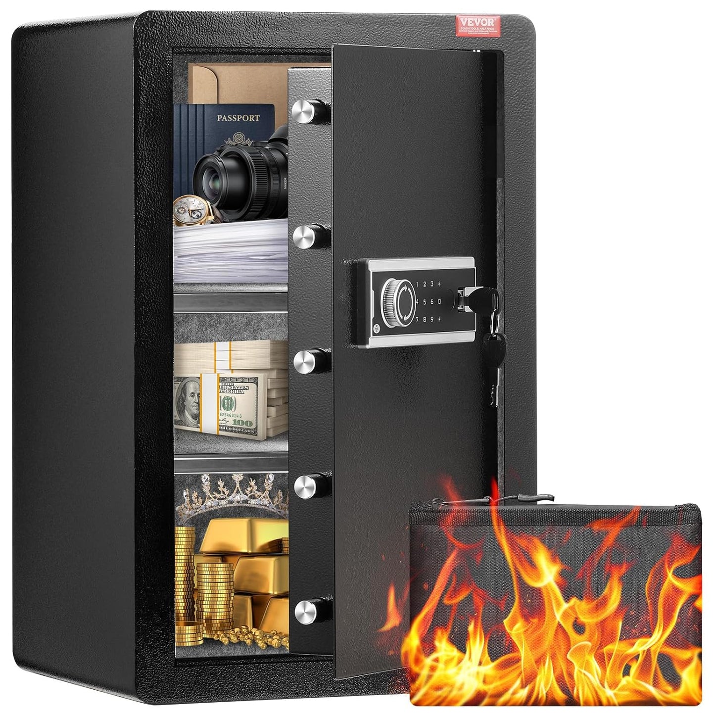 VEVOR Single Door 3.5 cu.ft Safe Box with Key Lock & Password, Safe Lock Box with Fireproof Bag, Key Rack, LED Light, and 2 Shelves for Money, Documents, Jewelry, and Valuables, Black