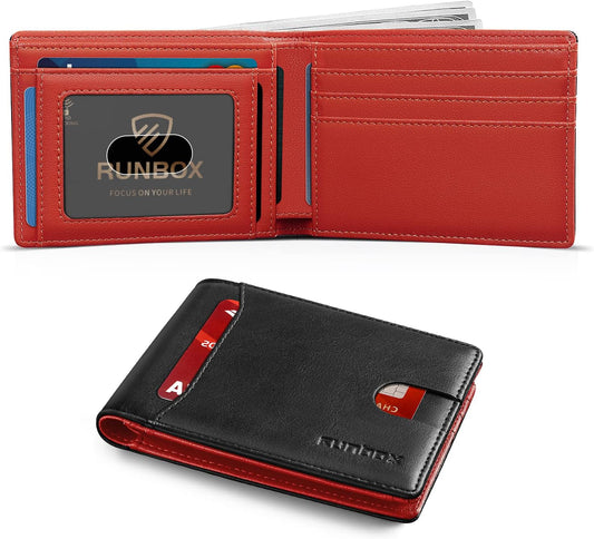 RUNBOX Novelty Wallet for Men Slim 11 Credit Card Holder Slots Leather RFID Blocking Small Thin Men's Wallet Bifold Minimalist Front Pocket Large Capacity Gift Box
