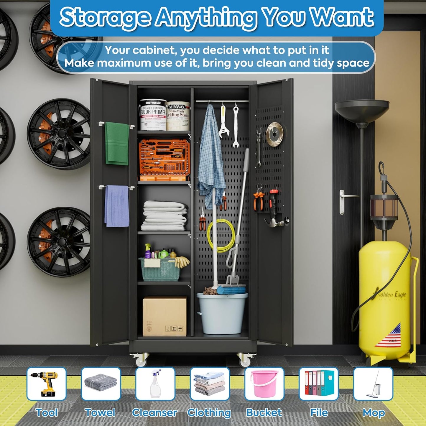 Garage Storage Cabinet with Wheels, Metal Tool Cabinet with Pegboards and 4 Adjustable Shelves, Garage Storage System with Lockable Door for Shools, Offices, Gyms and Pantries, Black