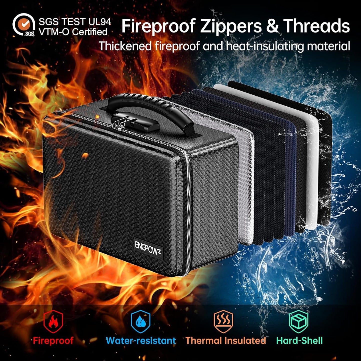 ENGPOW Fireproof Money Box, Small Hard Case Fireproof Box with Fireproof Zipper ＆ Lock, 6400°F Heat Insulated Fireproof Water Resistant Safe Box for Cash, A5 Document, Passport and More, Black
