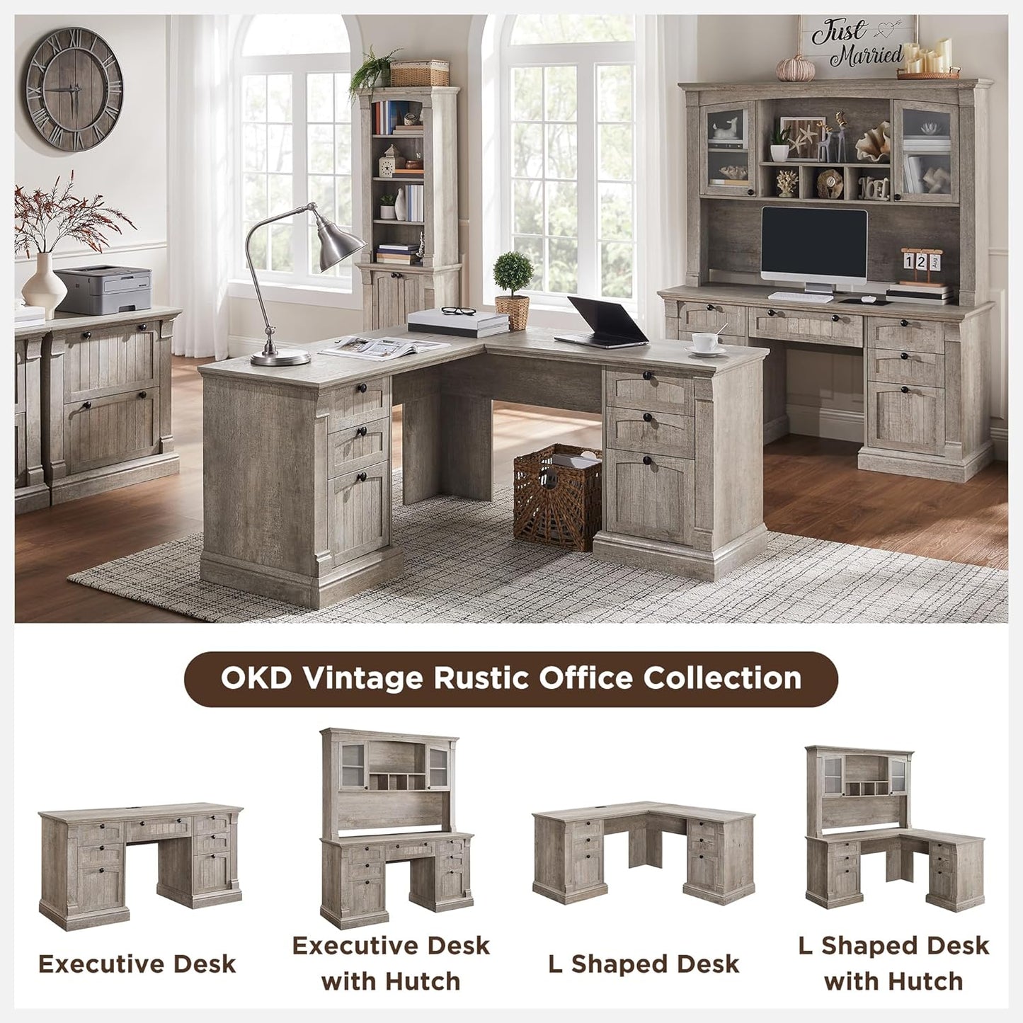 OKD 60" L Shaped Executive Desk with Drawers, Farmhouse Home Office Desk with Charging Station, File Cabinet Storage, Wood Corner Computer Desk for Work and Study, Light Rustic Oak