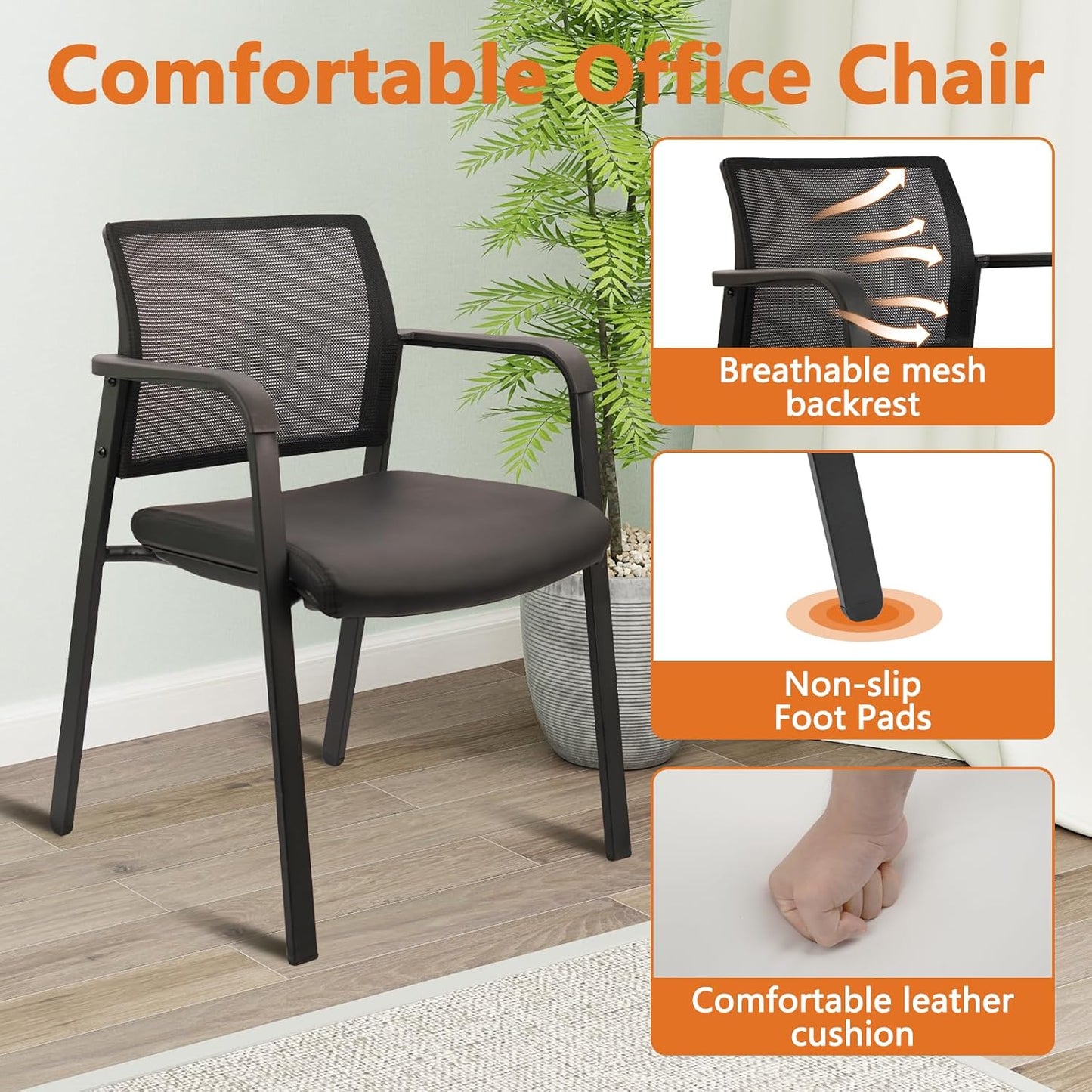 CLATINA Stackable Office Chair, Mesh Back Guest Chairs with Comfortable Leather Seat Arms Stacking Ergonomic Desk Chair No Wheels for Conference Waiting Reception School Side Stationary, Black