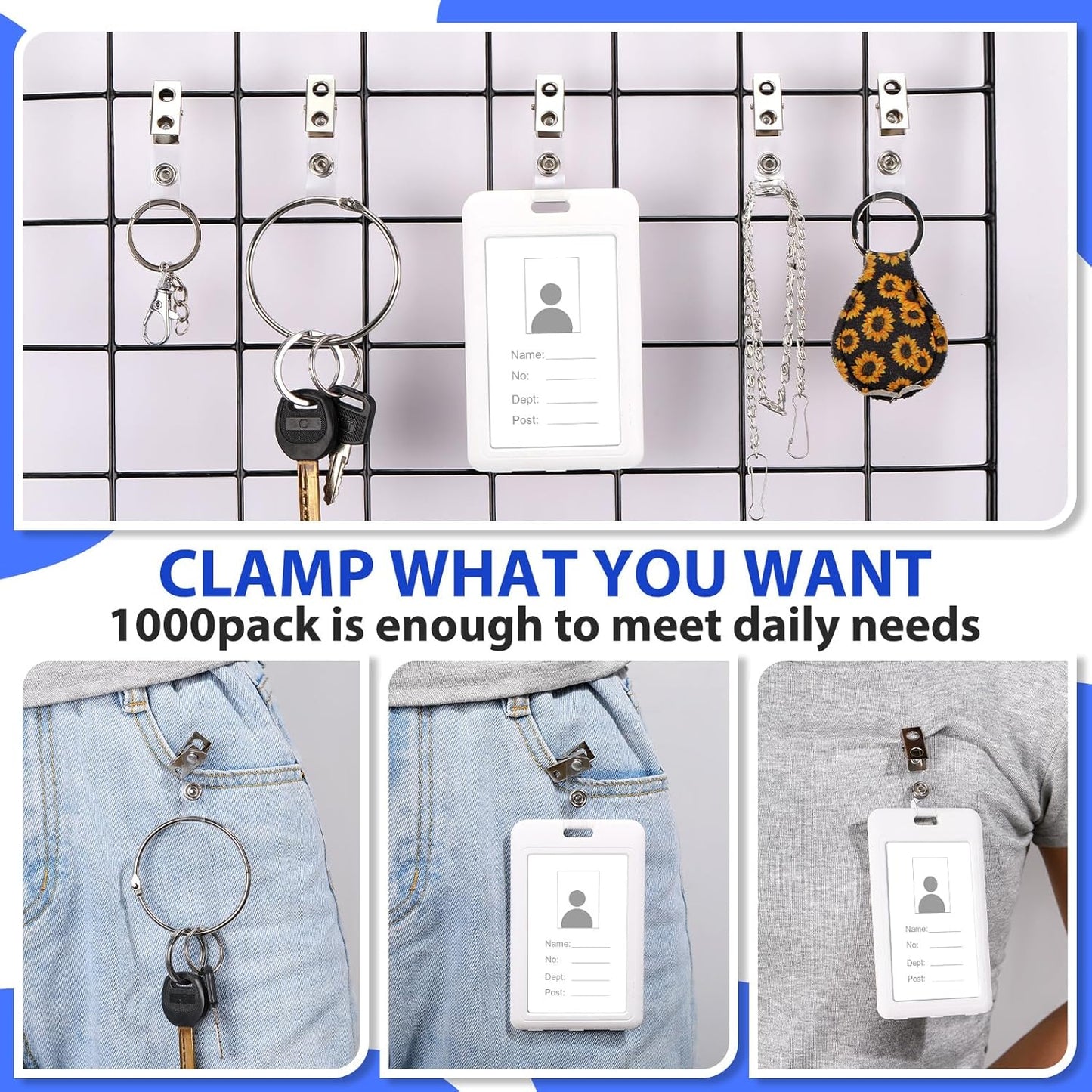 Seajan 600 Pcs Metal Badge Clips Bulk Double Hole Name Tag Clips with Clear PVC Straps Alligator ID Strap Clips for ID Cards Holders Office School Supplies