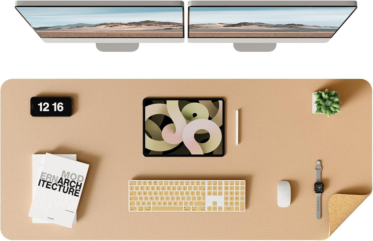 YSAGi Double-Sided Desk Mat, Eco Cork & Leather Desk Protector, Large Mouse Pad & Writing Pad for Office/Home (Apricot+Cork, 47.2" x 17")