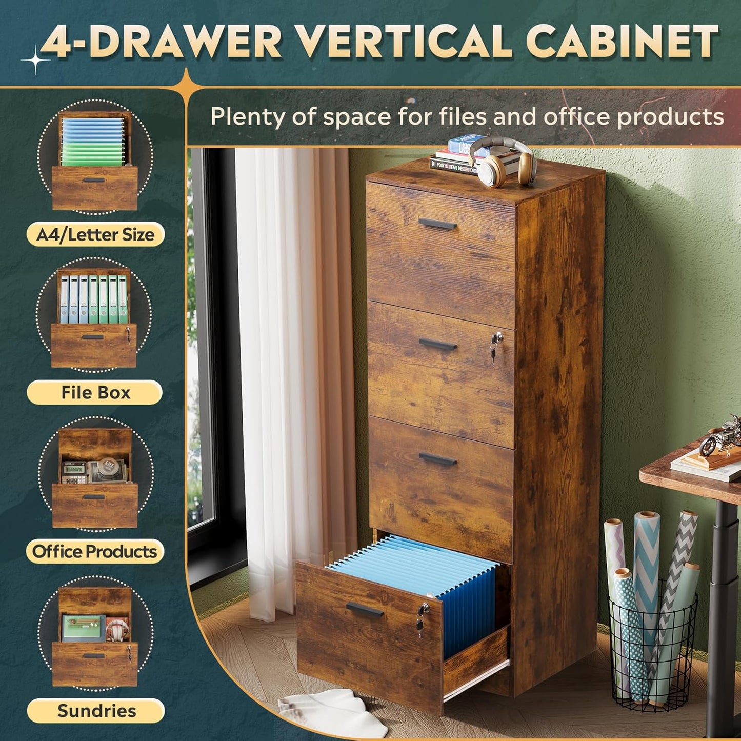 DEVAISE 4 Drawer File Cabinet with Lock, Vertical Filing Cabinet for A4/Letter Size Files, Wood Storage Organizer for Home Office, Rustic Brown
