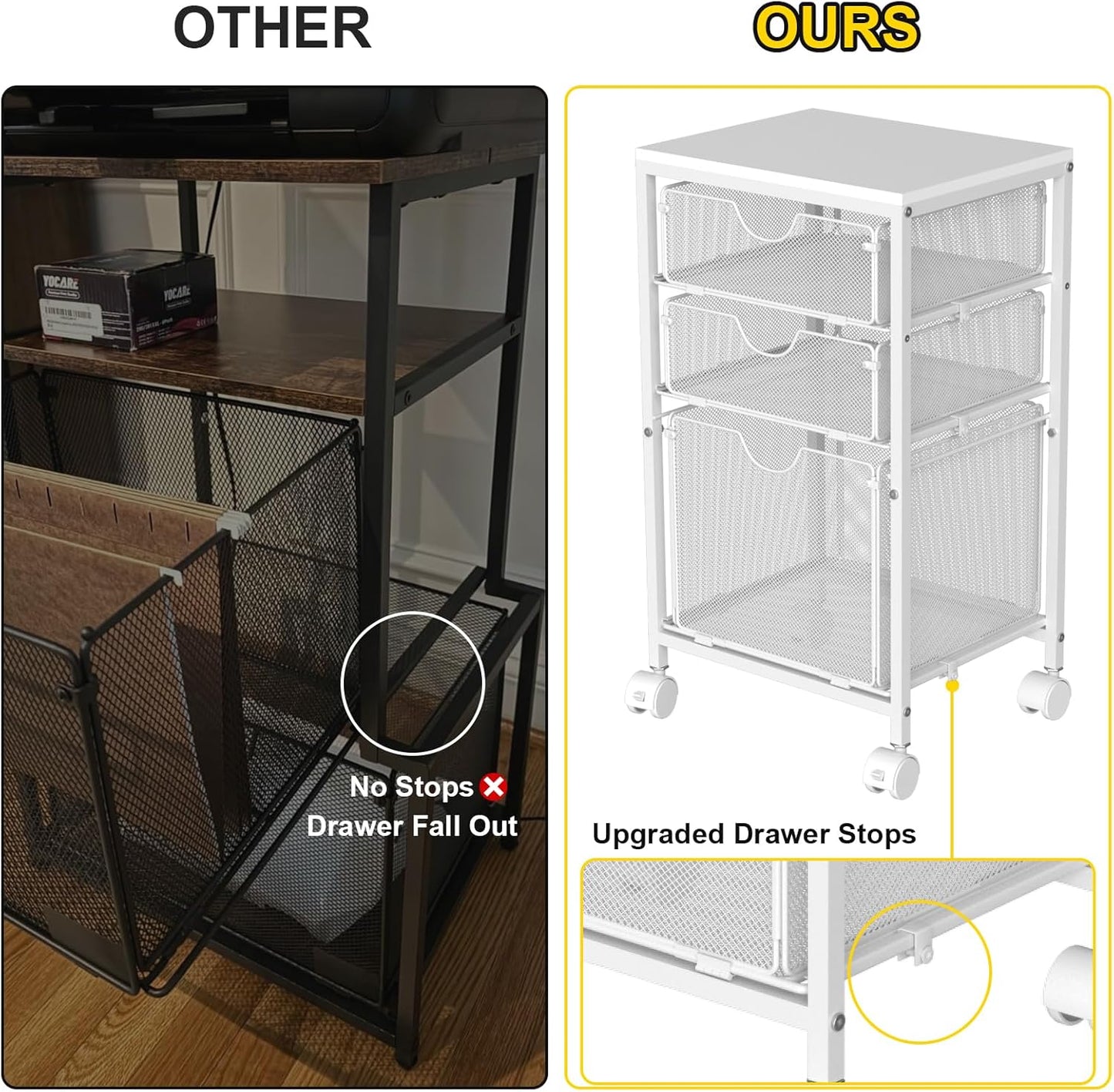 Rolling File Cart with 3 Storage Drawers, Wood & Mesh Hanging File Folder Organizer with Wheels Under Desk, File Cabinets for Home Office, 11.81" D x 14.8" W x 25.39" H, White