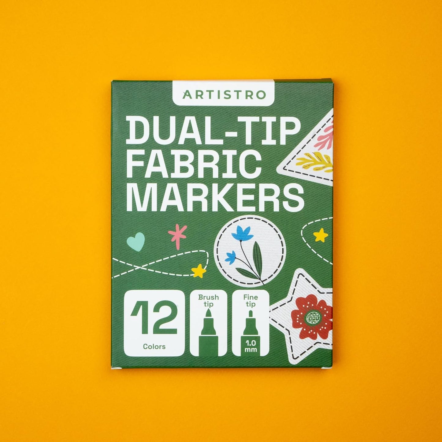ARTISTRO 12 Dual-Tip Fabric Markers - Fabric Decorating Kit - Permanent for Clothes - No Bleed Pens for T-Shirts, Bags, Textile, Canvas, and More (Brush Tip and Fine Tip)