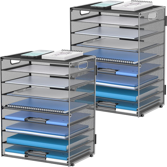 DALTACK 9-Tier Paper Letter Tray Desk Organizer with Handles, Mesh File Holder Organization, Paper Sorter Desk Organizer for Office Home School, Black 2 Pack
