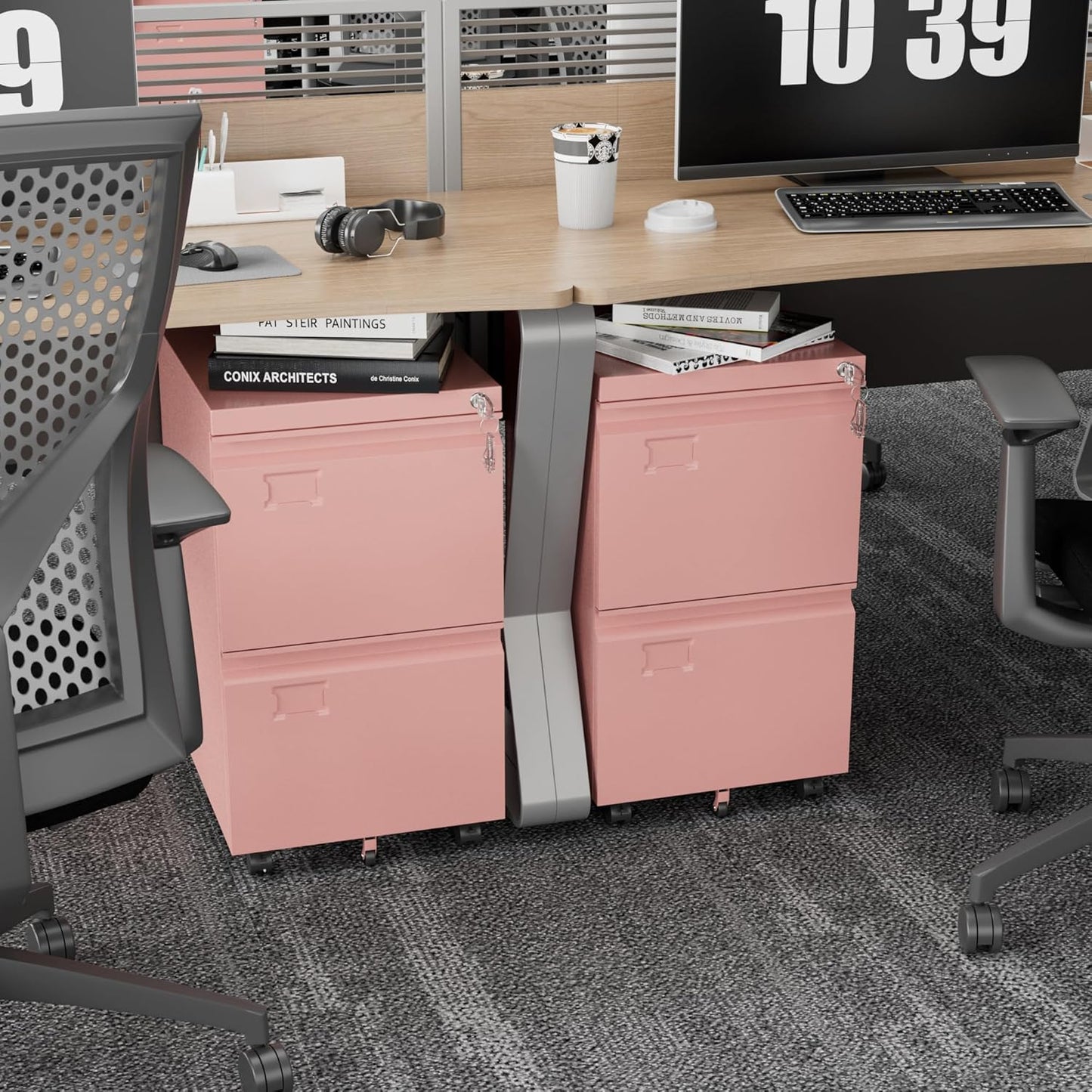 2 Drawer Mobile File Cabinet with Lock, Under Desk Metal Filing Cabinet for Office, Home,Vertical Cabinet Legal/Letter Size, Need to Assembled (Pink)