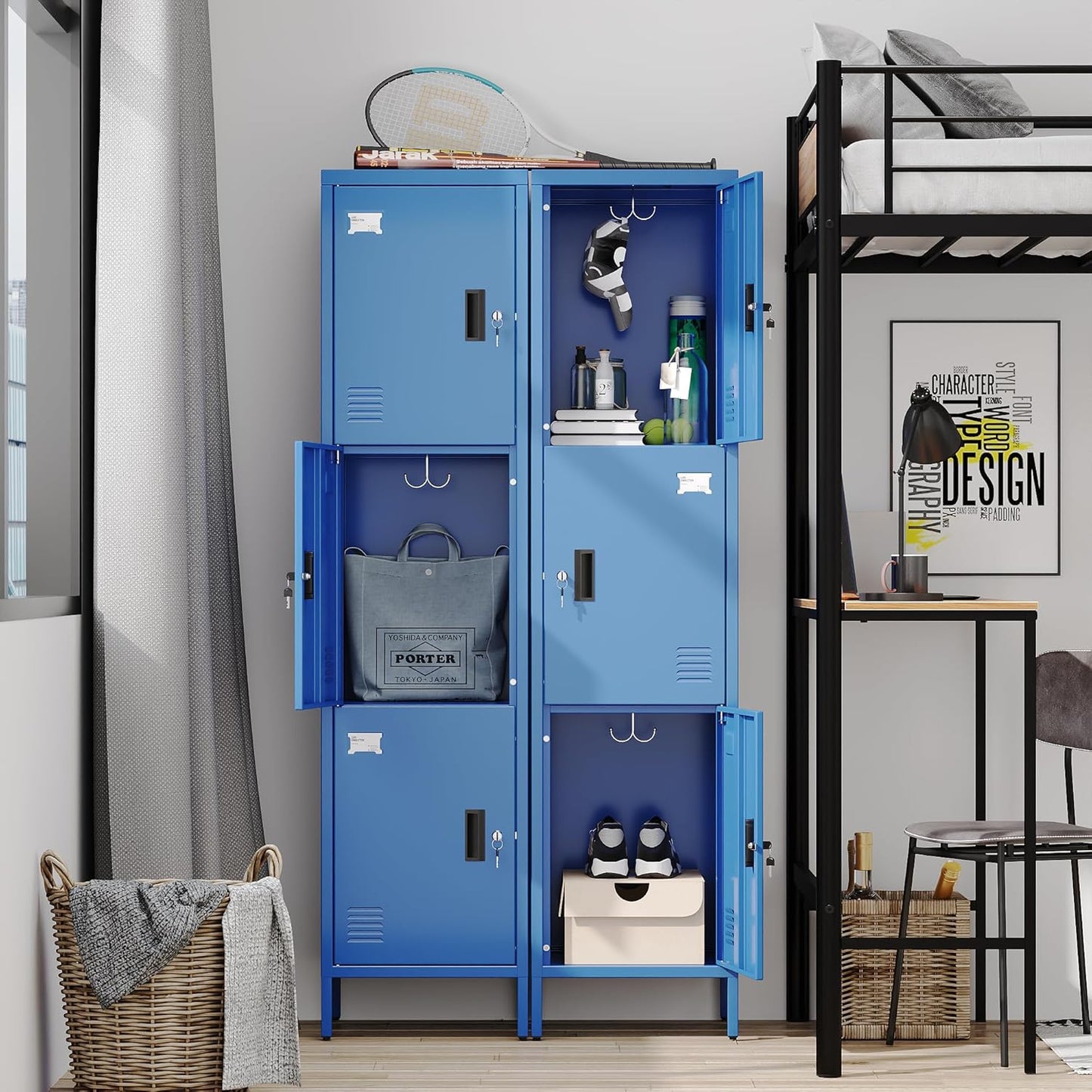 Aobabo 16" W 3 Door Metal Storage Locker with Lock, 66" H Steel Locker with Name Card Holder and Metal Leg for School, Home, Office, Playroom, Assembly Required, Blue