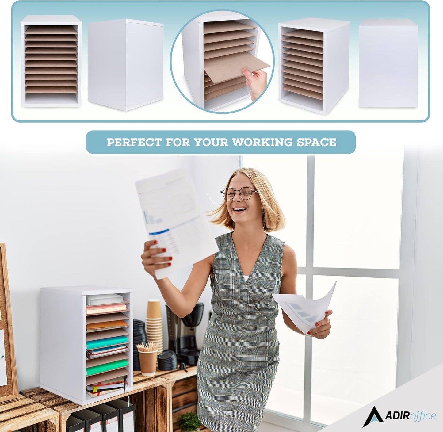 AdirOffice Classroom Mailbox - 11 Compartment Wooden Mail Organizer, Construction Paper Storage, Vertical Desktop Sorter with Slots, Mailboxes With Removable Shelves (11 Slot, White)