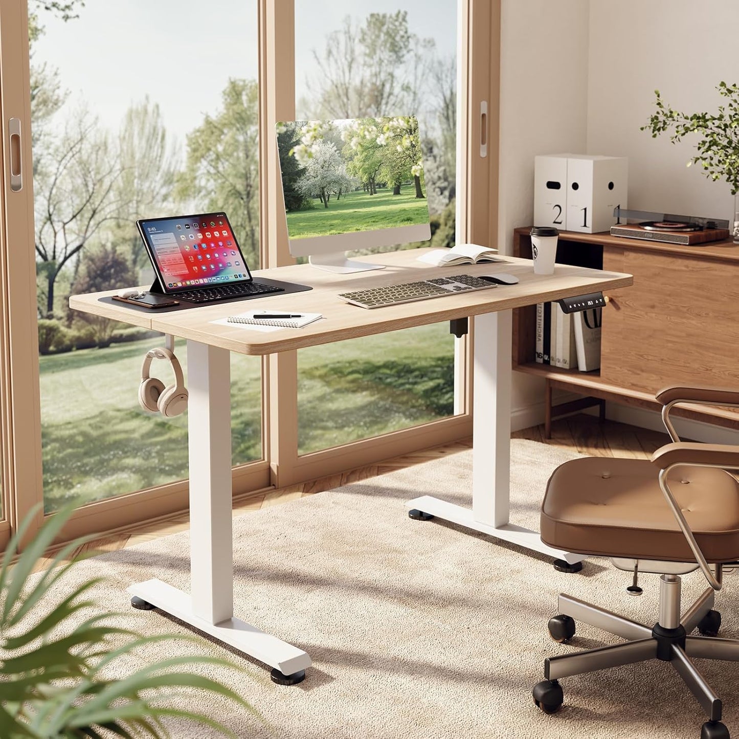 Veken 47.2 Inch Electric Standing Desk, Height Adjustable Sit Stand Up, Wood Desktop, Work Home Office Computer PC Desks, Gaming Writing Study Bedroom Rising Table, Nature