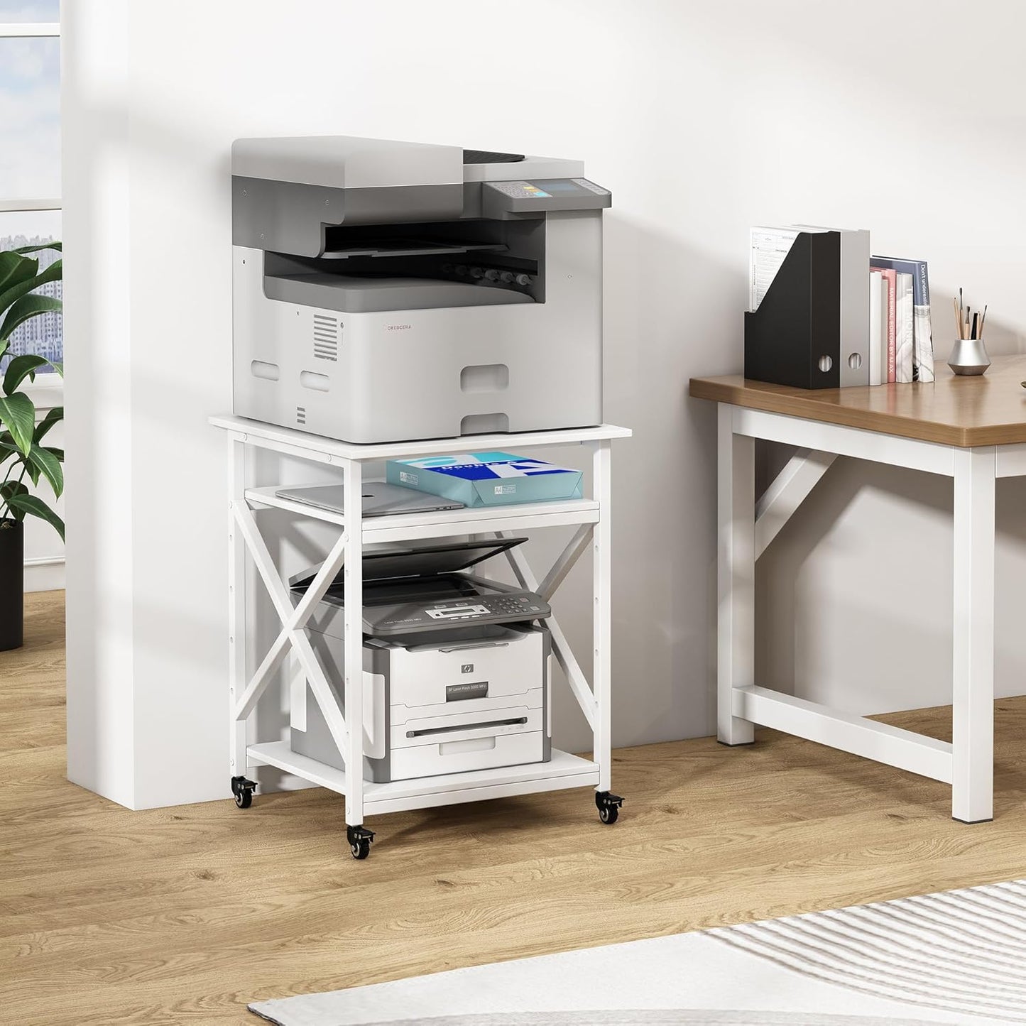 Large Printer Stand with Height Adjustable Storage Shelf, 23.6 x 23.6 Inches Square Printer Table with Industrial Wheels, Multi-use 3 Tier Rolling Printer Cart for Home Office - White