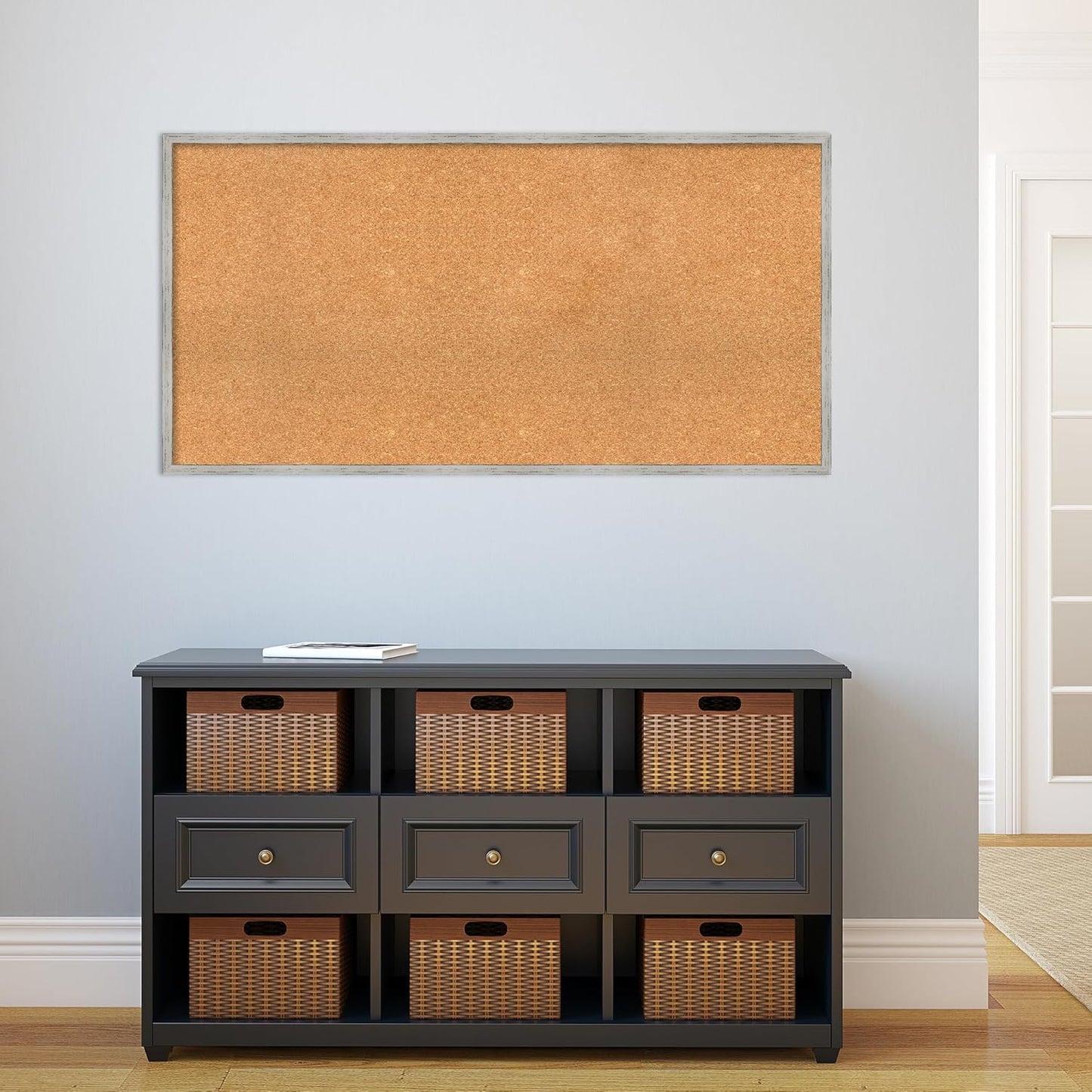 Amanti Art Natural Cork Board for Wall, 25x49 Vision Board with White Frame, Oversize Corkboard Office Decor for Home Organization, Cottage Corkboard Pinboard to Display Items for Home Organization