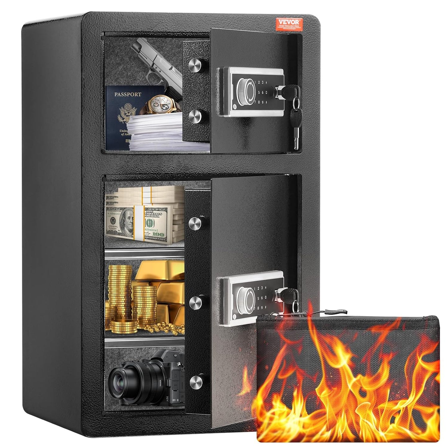 VEVOR Double Doors 4.5 cu.ft Safe Box with Key Lock & Password, Safe Lock Box with Fireproof Bag, Key Rack, LED Light and 2 Height Adjustable and Removable Divider for Money, Documents, Black