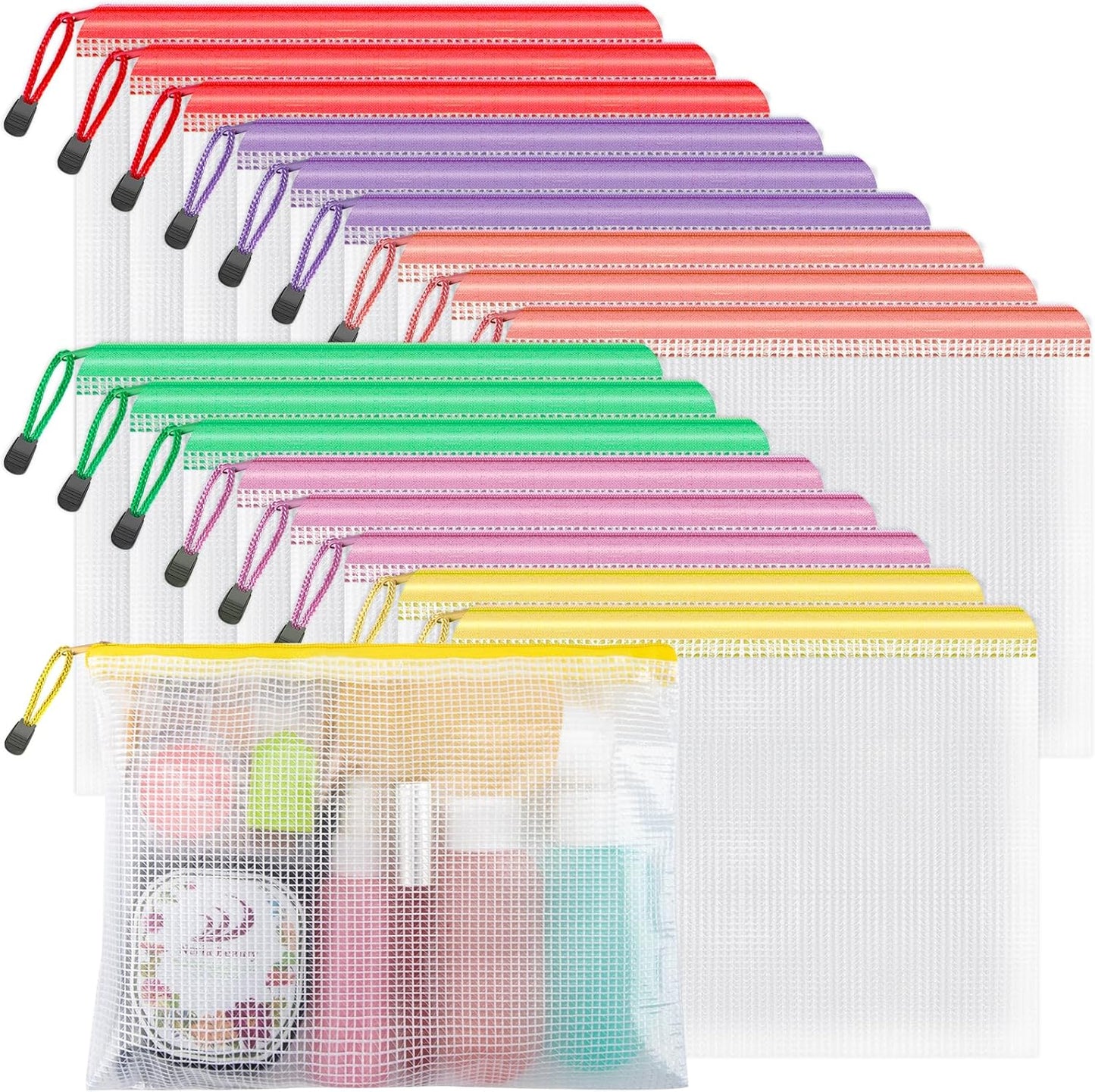 Umriox Zipper Mesh Document Pouch, 9.5x7.1 in (6 Colors, 18 Packs), Clear Zipper Pouches, Waterproof Zipper Pouches for Office Supplies Cosmetics Travel Storage