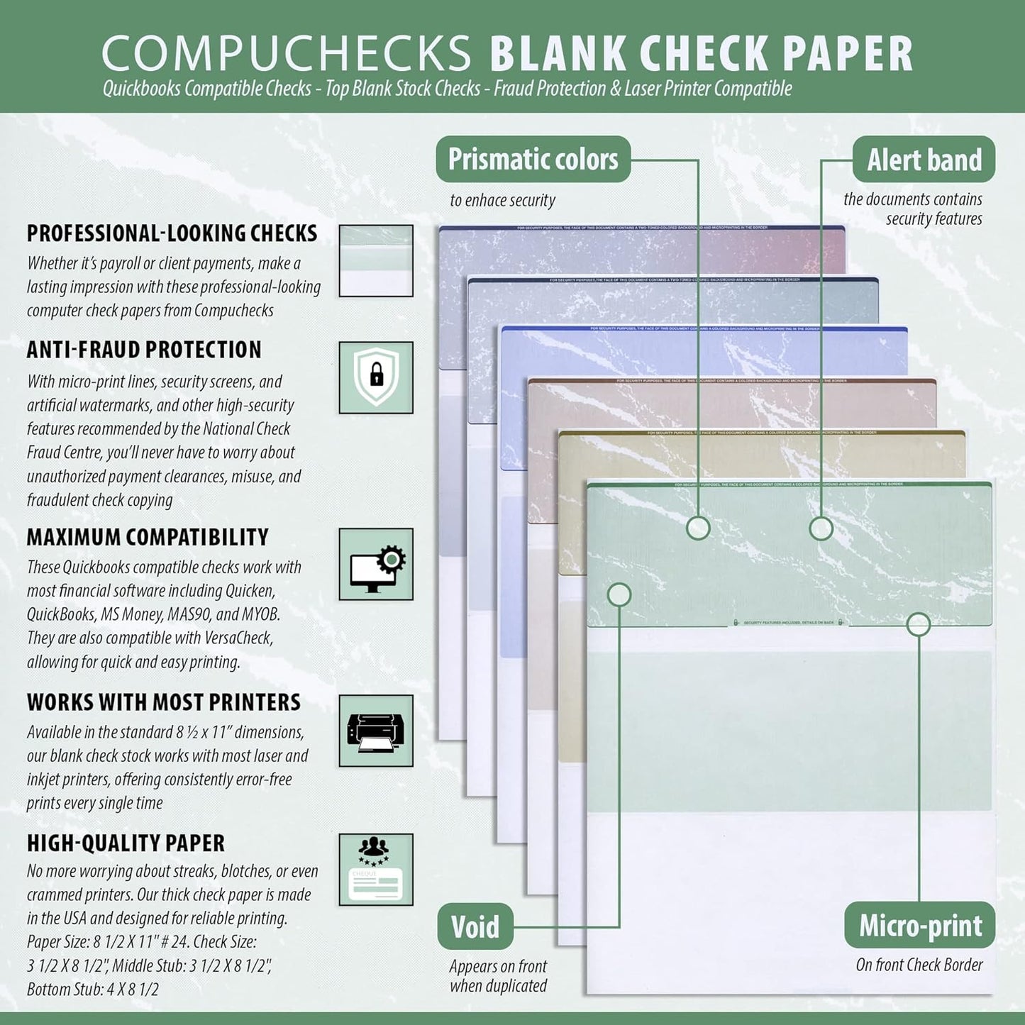 Compuchecks Check on Top Blank Check Paper - 2500 Pack, Quick-Books & Laser Printer Compatible - Security Business Checks with Voucher - 8.5" x 11" Gold Pinstripe
