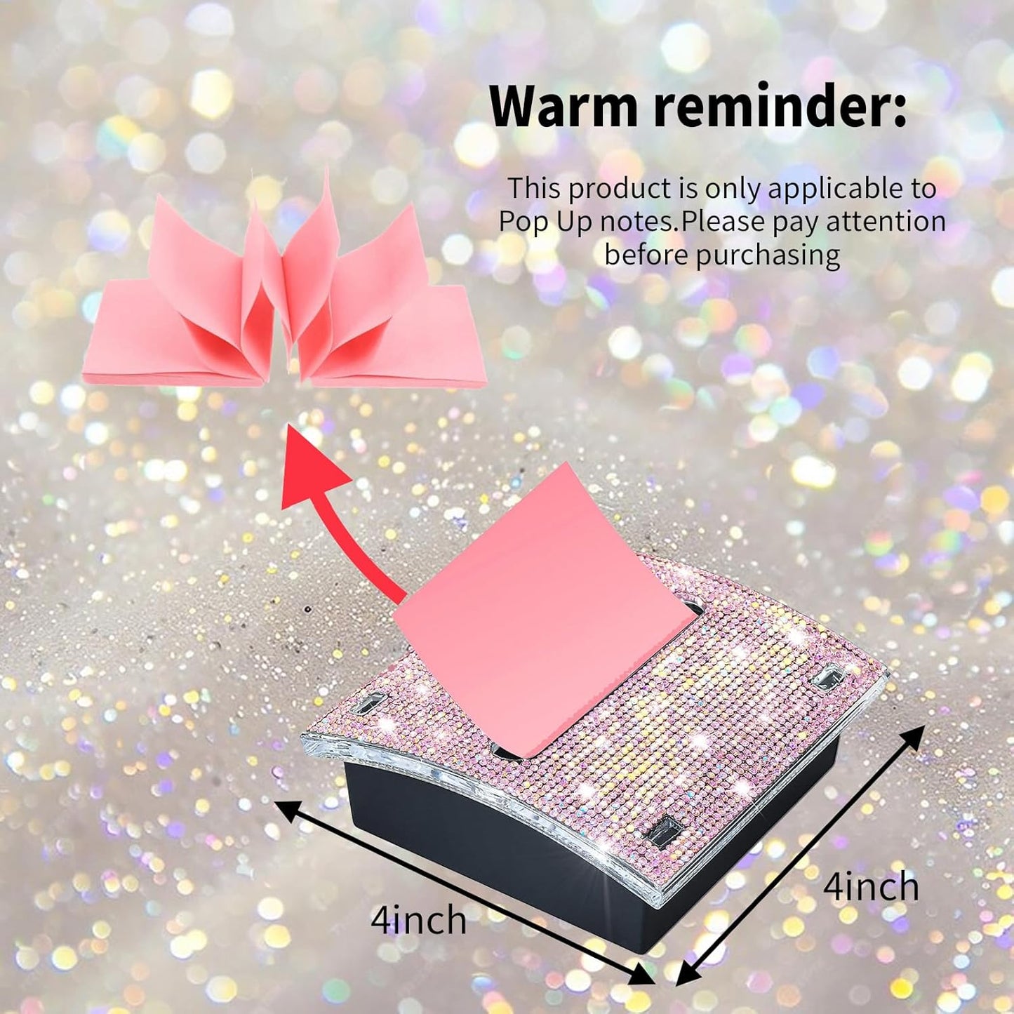 Rhinestone Self Sticky Note Holder Post it Note Dispenser Pop-Up Sticky Notes Dispenser 3 x 3 inch Post it Dispenser for Office Desk Accessories(Pink)