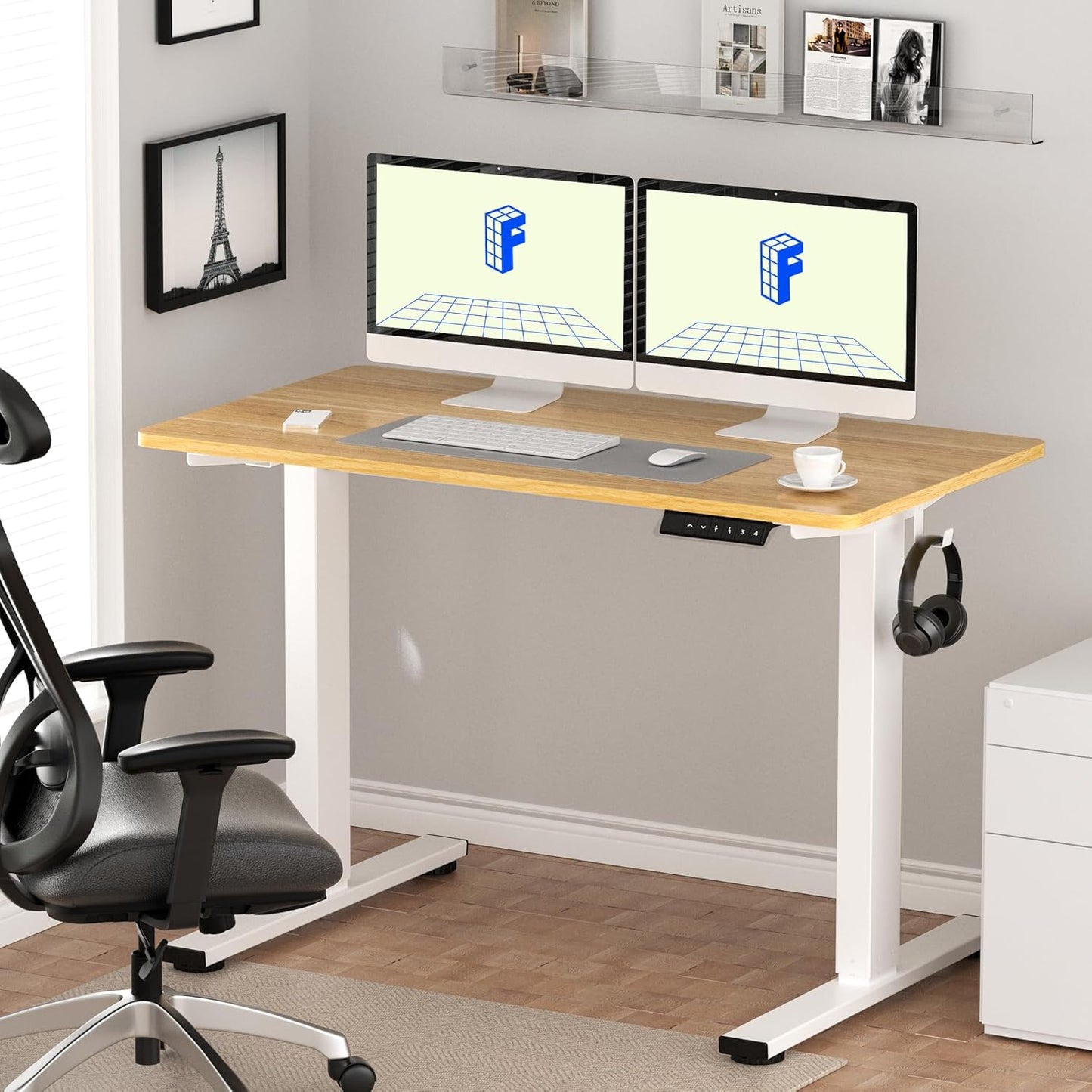 FLEXISPOT EN1 One-Piece Standing Desk 55 x 28 Inch Electric Adjustable Height Desk for Home Office and Computer Workstation (White Frame + 55" Maple Top, 2 Packages)