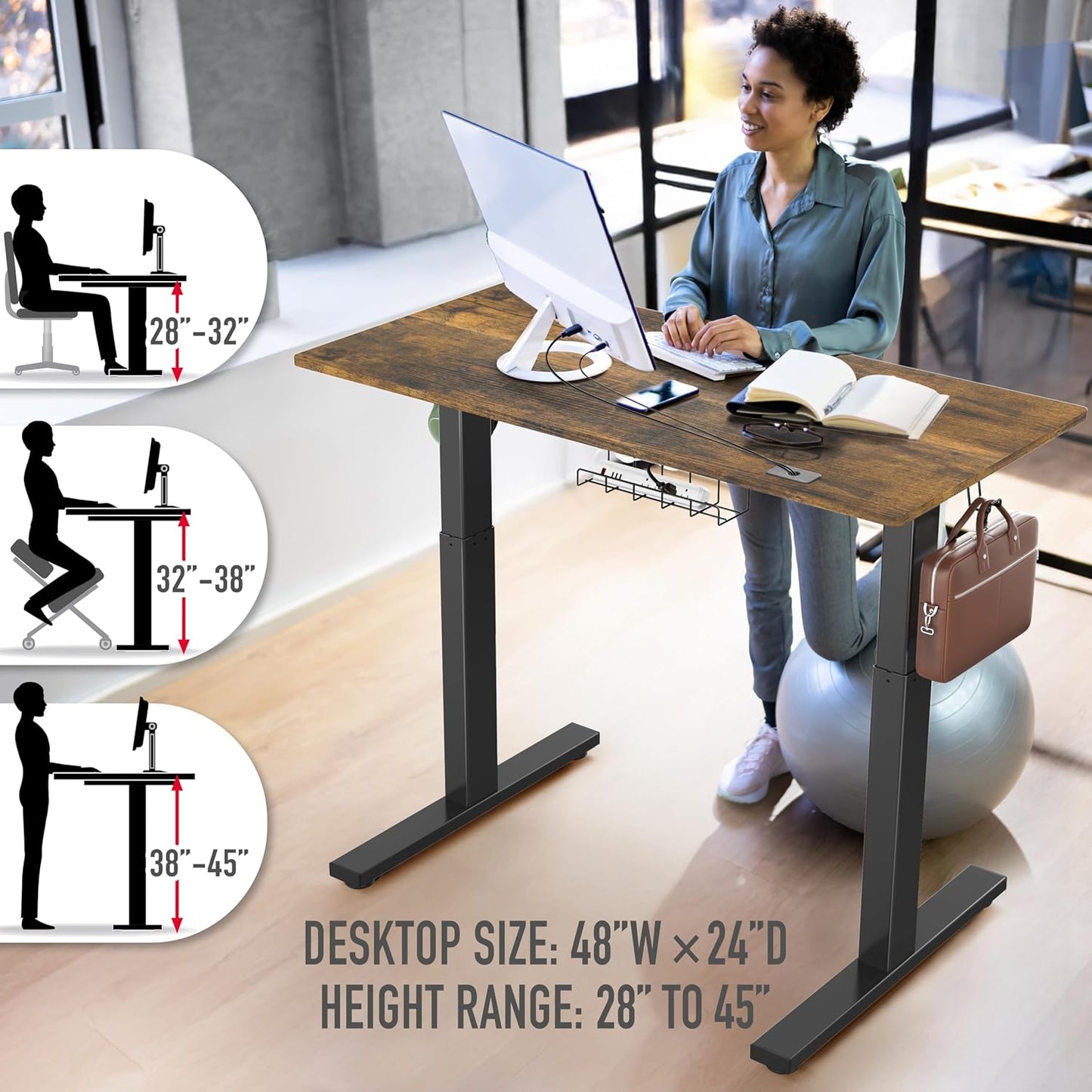 SHW 48-Inch Electric Height Adjustable Standing Desk with Drawer, Memory Preset and Cable Management Tray, Rustic Brown