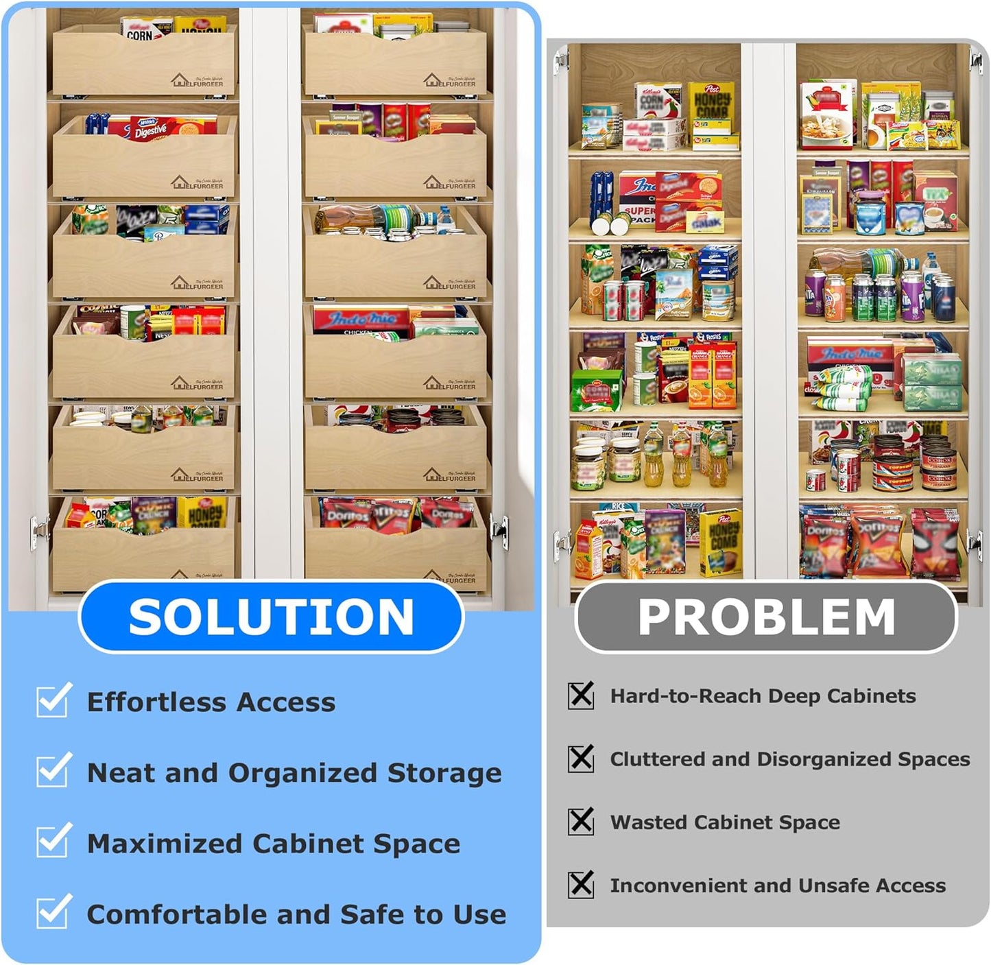 WelFurGeer Premium Birchwood Pull-Out Cabinet Drawers, 14" W x 22" D Pull Out Cabinet Organizer, Soft Close Slide-Out Shelves for Kitchen Cabinets, Heavy-Duty Cabinet Organizer for Home & Kitchen