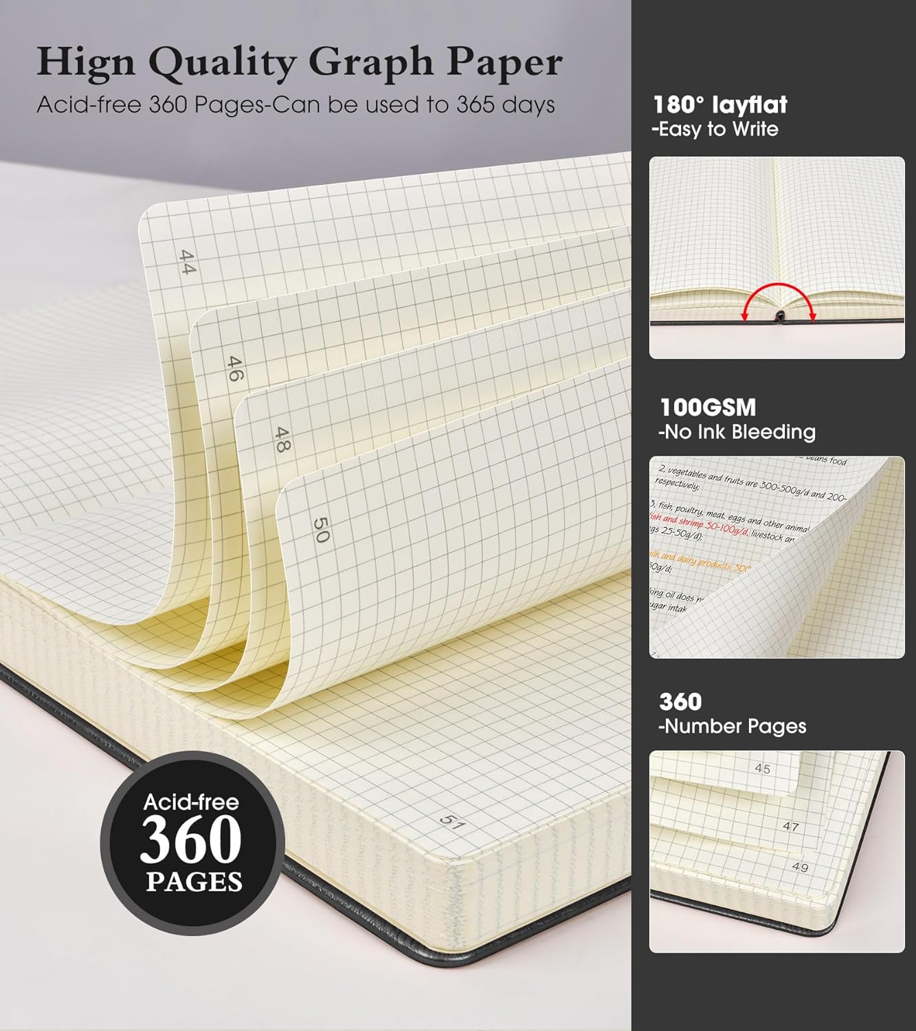 Graph Paper Notebook Journal, 360 Numbered Pages Grid Notebooks, Thick 100gsm Graphing Paper Notebook Journals for Women Men, B5 Large Hardcover Leather Graph Notebook 7.6'' X 10'' Black