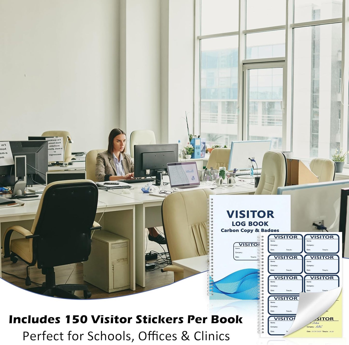 1 Pack of 150 Visitor Log Book Visitor Badges Registry Log with Carbon Copy Visitor Stickers Letter Size Extras Protecting Privacy Pages Spiral Bound Self Visitor Badges Guest Register Book(1)