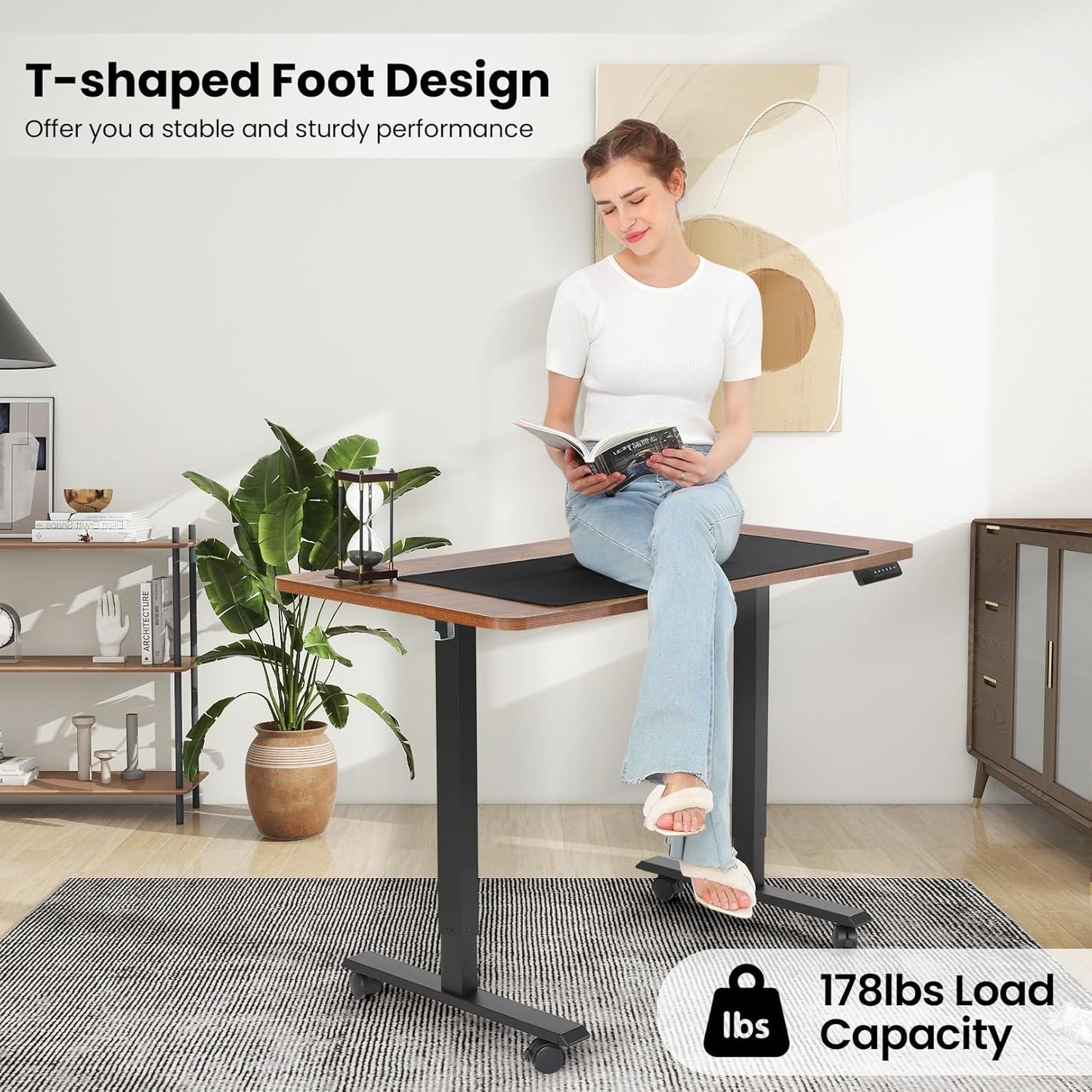 Electric Standing Desk 48 x 24 Inches Adjustable Height Ergonomic Sit Stand Up Desk Curved for Home Office Computer Workstation with 2 USB Ports 3 Power Outlets Memory Preset Wheels, Oak