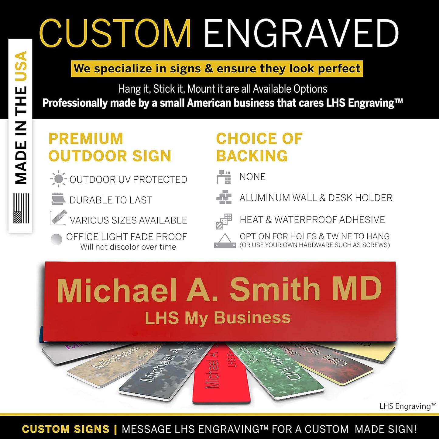 Engraved Name Plates for Door Sign Personalized Red Plastic Plaque with Gold Letters - Made in USA 2x12 B17