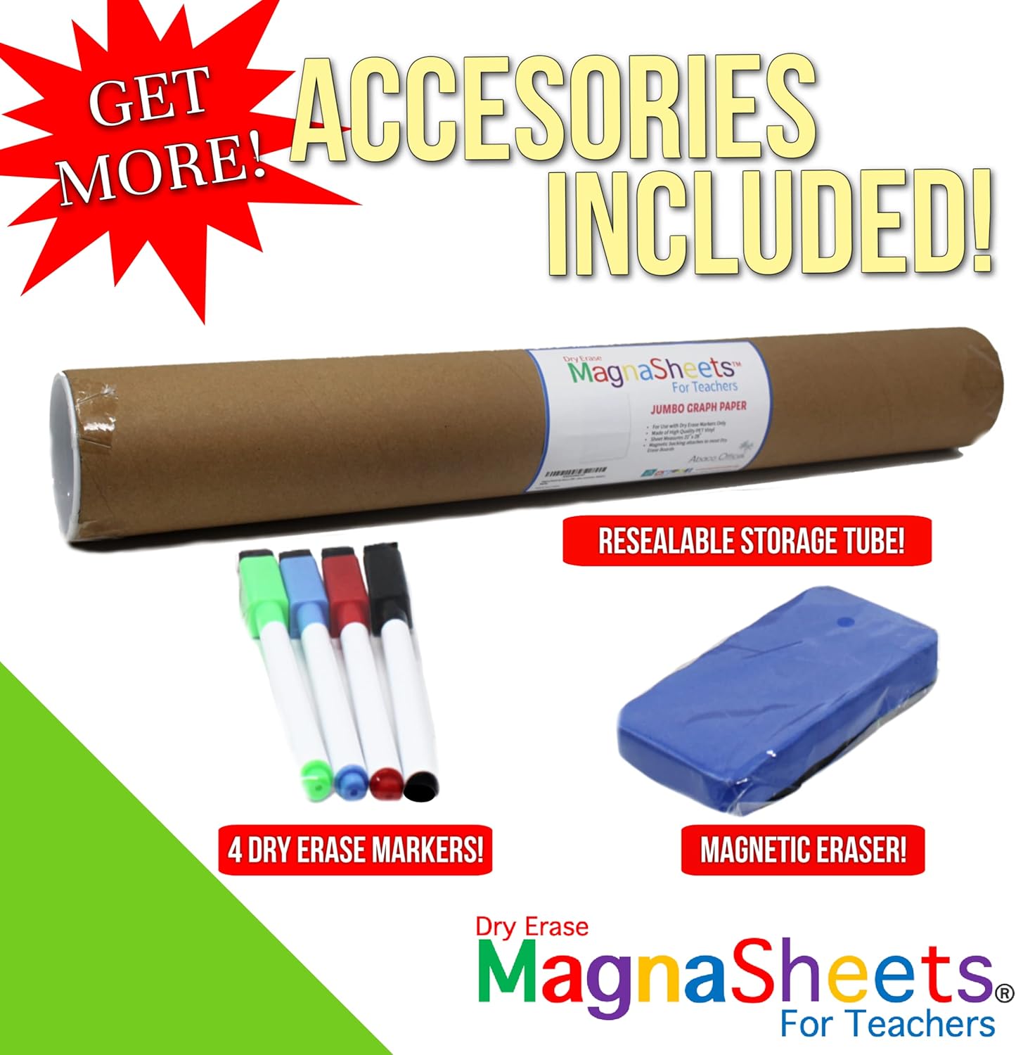 MAGNASHEETS Jumbo Magnetic Dry Erase Whiteboard Sheet – 22x28 Graph Paper Designed for Teachers, Classrooms – Premium PET Surface, No Ghosting, Staining – Includes Storage Tube, Markers, Eraser