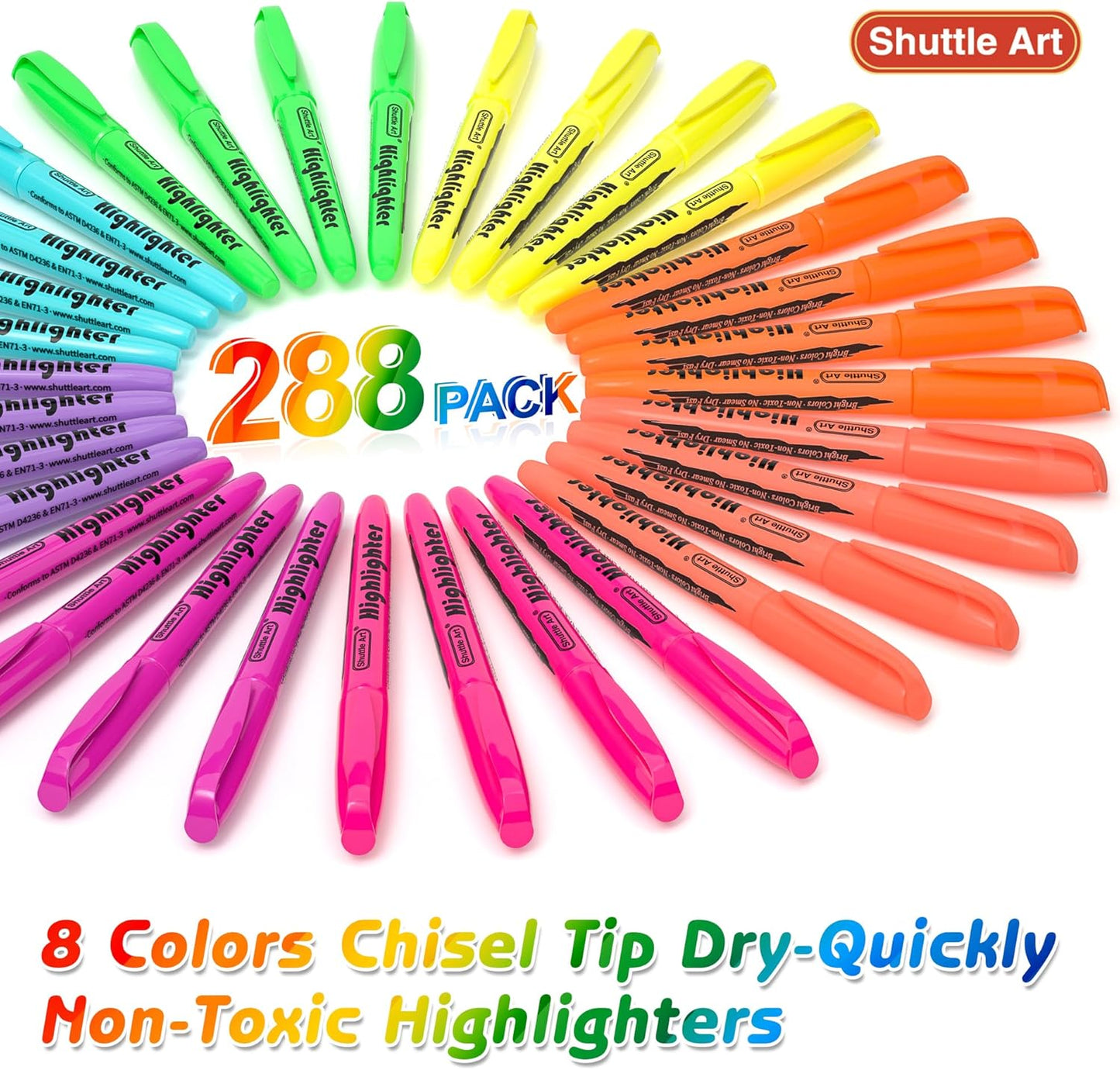 Shuttle Art 288 Pack Highlighters, Highlighters Assorted Colors Set, 8 Bright Colors Chisel Tip Dry-Quickly Non-Toxic Highlighter Markers Bulk for Adults Kids Highlighting in Home School Office
