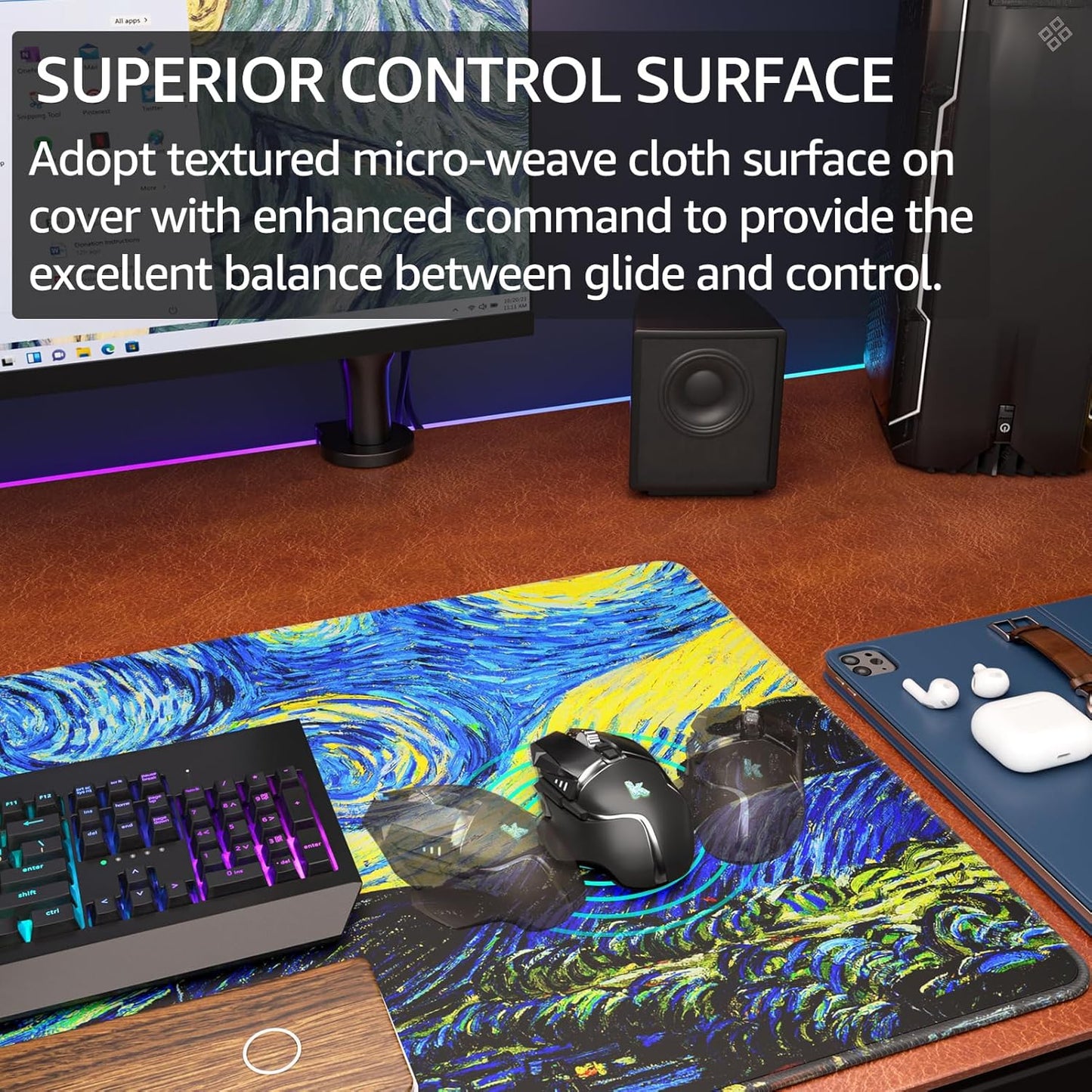 KTRIO Large Gaming Mouse Pad with Stitched Edges, Extended Mousepad with Superior Micro-Weave Cloth, Non-Slip Base, Water Resist Keyboard Pad for Gamer, Office & Home, 31.5x15.7in, Starry Night