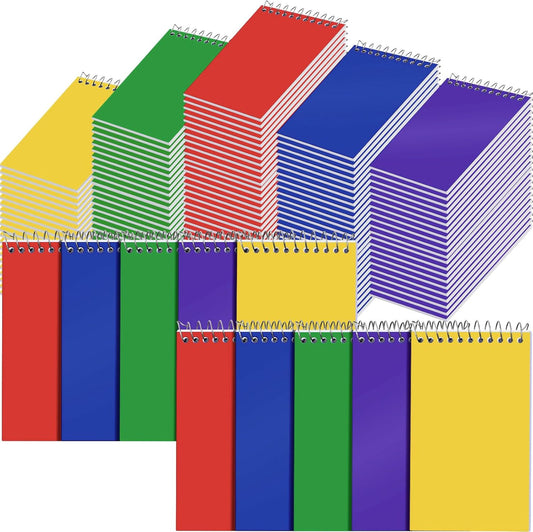 Leinuosen 100 Pcs Spiral Memo Pads 3x5 Inch 75 Sheets College Ruled Small Pocket Notebooks Little Mini Notepads Bulk Top Bound Lined Note Pads for Home School Office Travel Work (Bright Color)
